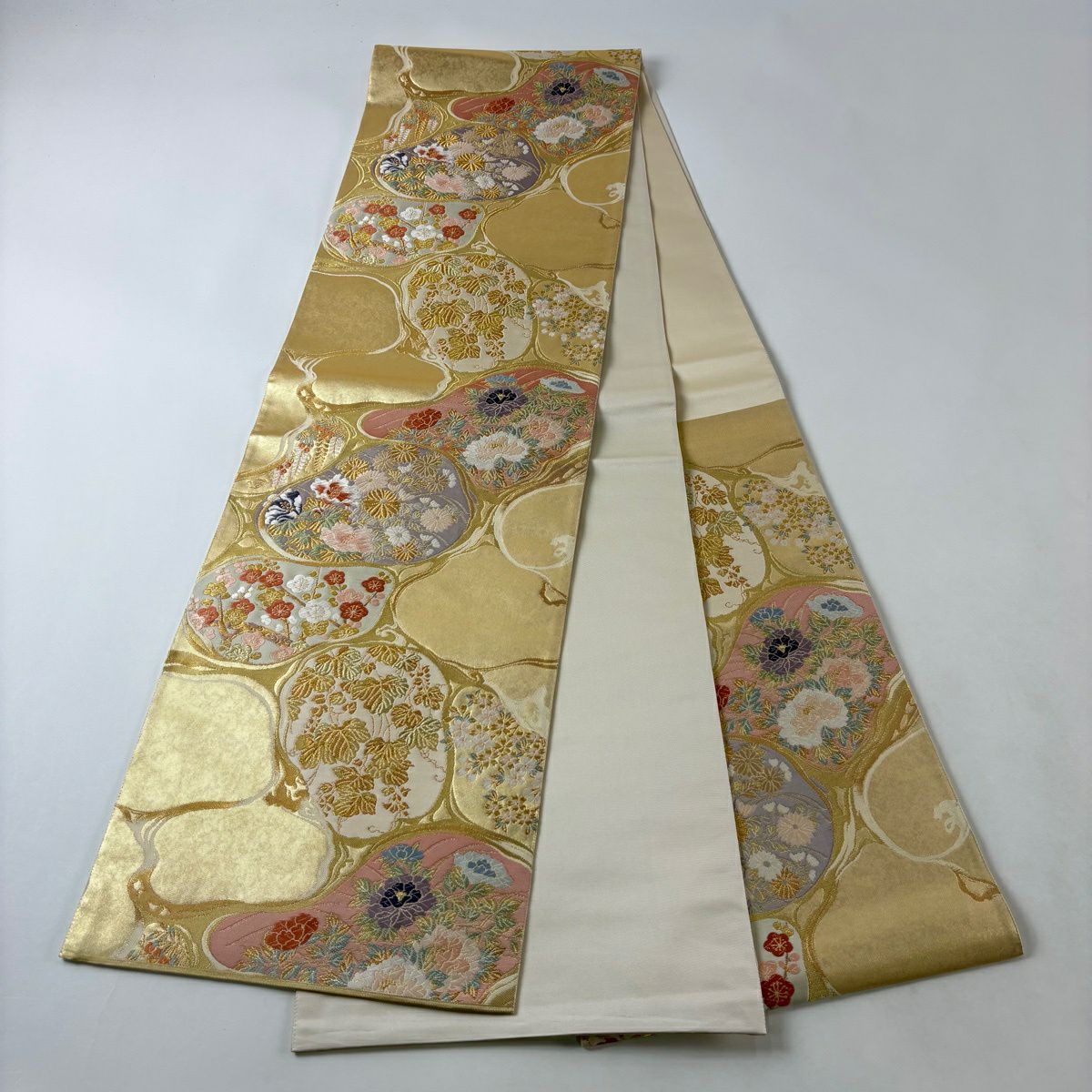 【美品】 袋帶 秀品級 牡丹 菊花 金金箔 金絲 金 六通 純蠶絲