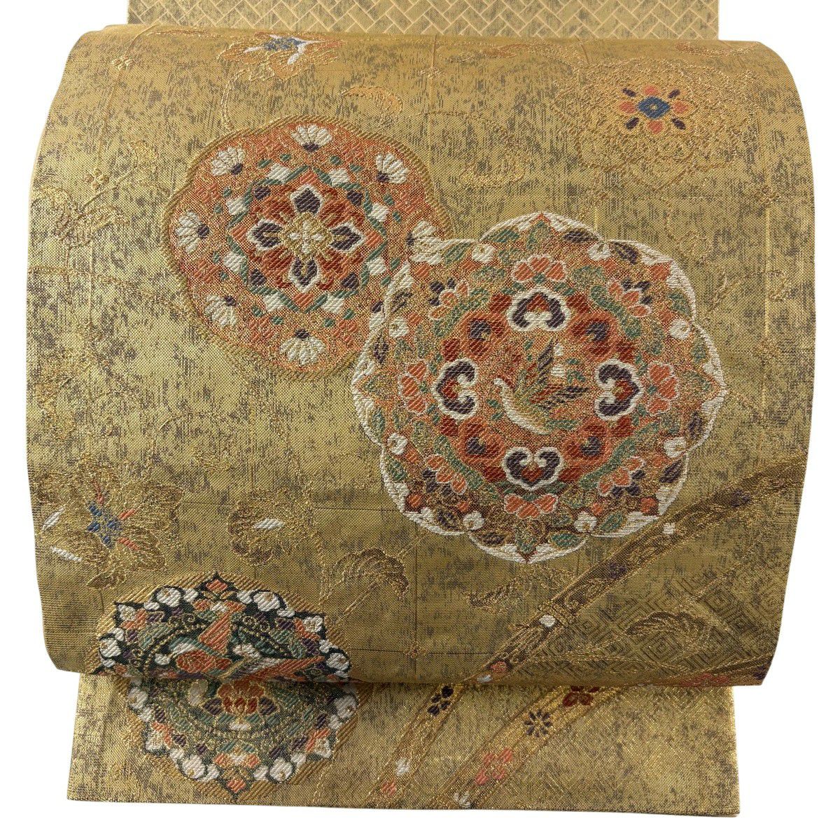 【美品】 袋帶 秀品級 更紗正倉院華紋 華紋 鳥 金金箔 金絲 金色 六通 純蠶絲