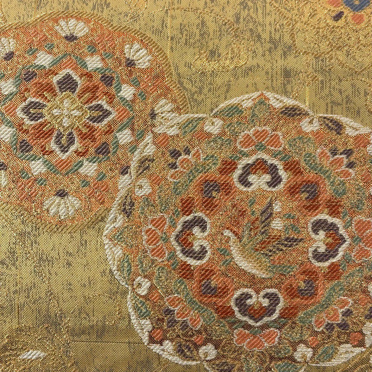 【美品】 袋帶 秀品級 更紗正倉院華紋 華紋 鳥 金金箔 金絲 金色 六通 純蠶絲