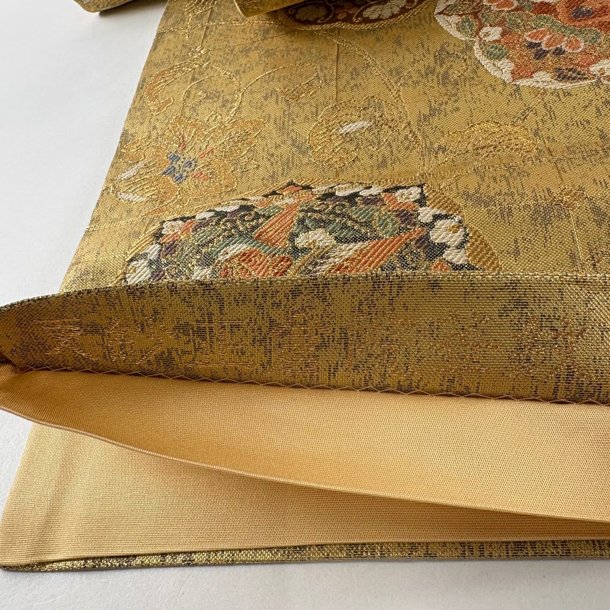 【美品】 袋帶 秀品級 更紗正倉院華紋 華紋 鳥 金金箔 金絲 金色 六通 純蠶絲