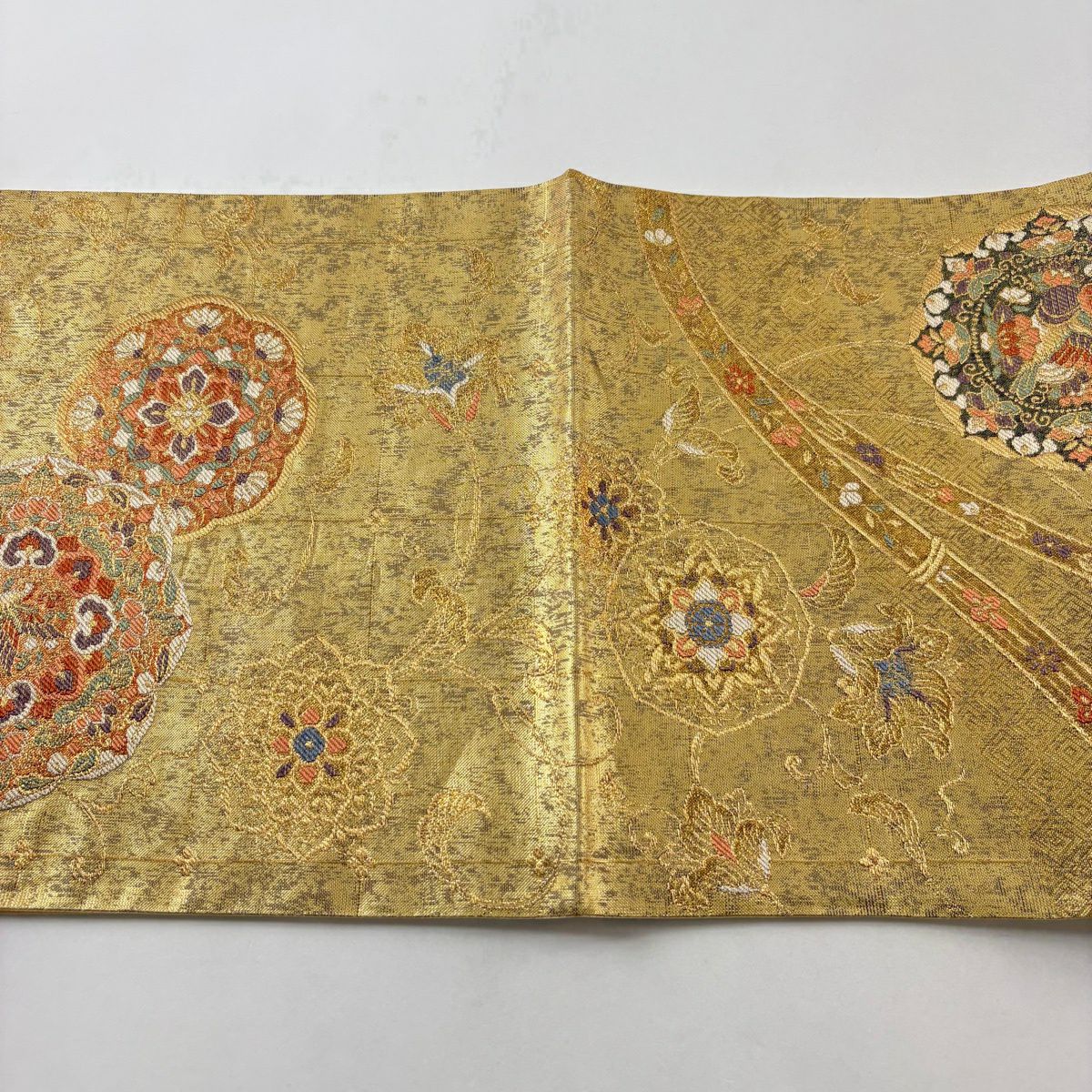 【美品】 袋帶 秀品級 更紗正倉院華紋 華紋 鳥 金金箔 金絲 金色 六通 純蠶絲