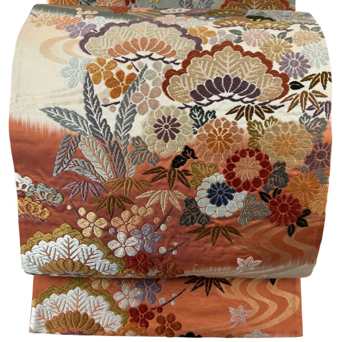 【美品】 袋帶 秀品級 松樹竹子梅花 流水 金金箔 唐織 米色 六通 純蠶絲