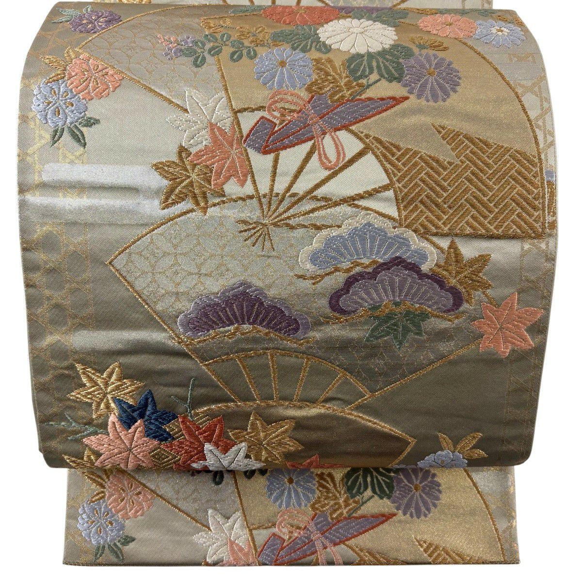【美品】 袋帶 秀品級 能衣 扇子 草花紋 金金箔 金絲 灰綠 六通 純蠶絲
