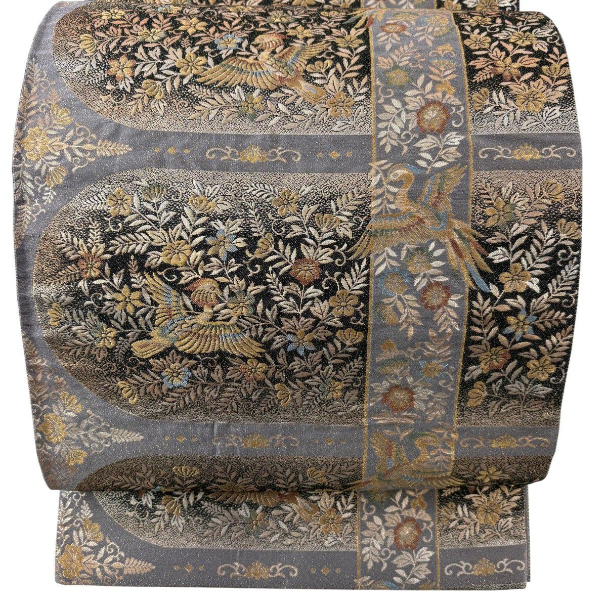 【美品】 袋帶 秀品級 雅雙華紋織 草花紋 鳥 金金箔 金絲 灰色 六通 純蠶絲