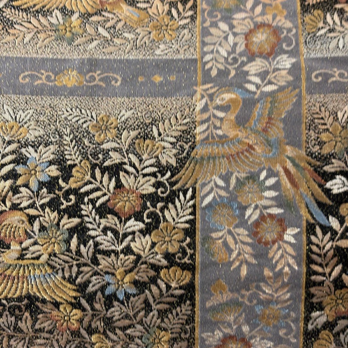 【美品】 袋帶 秀品級 雅雙華紋織 草花紋 鳥 金金箔 金絲 灰色 六通 純蠶絲