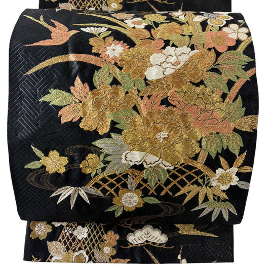 袋帶 秀品級 牡丹 流水 金金箔 金絲 黑 六通 純蠶絲