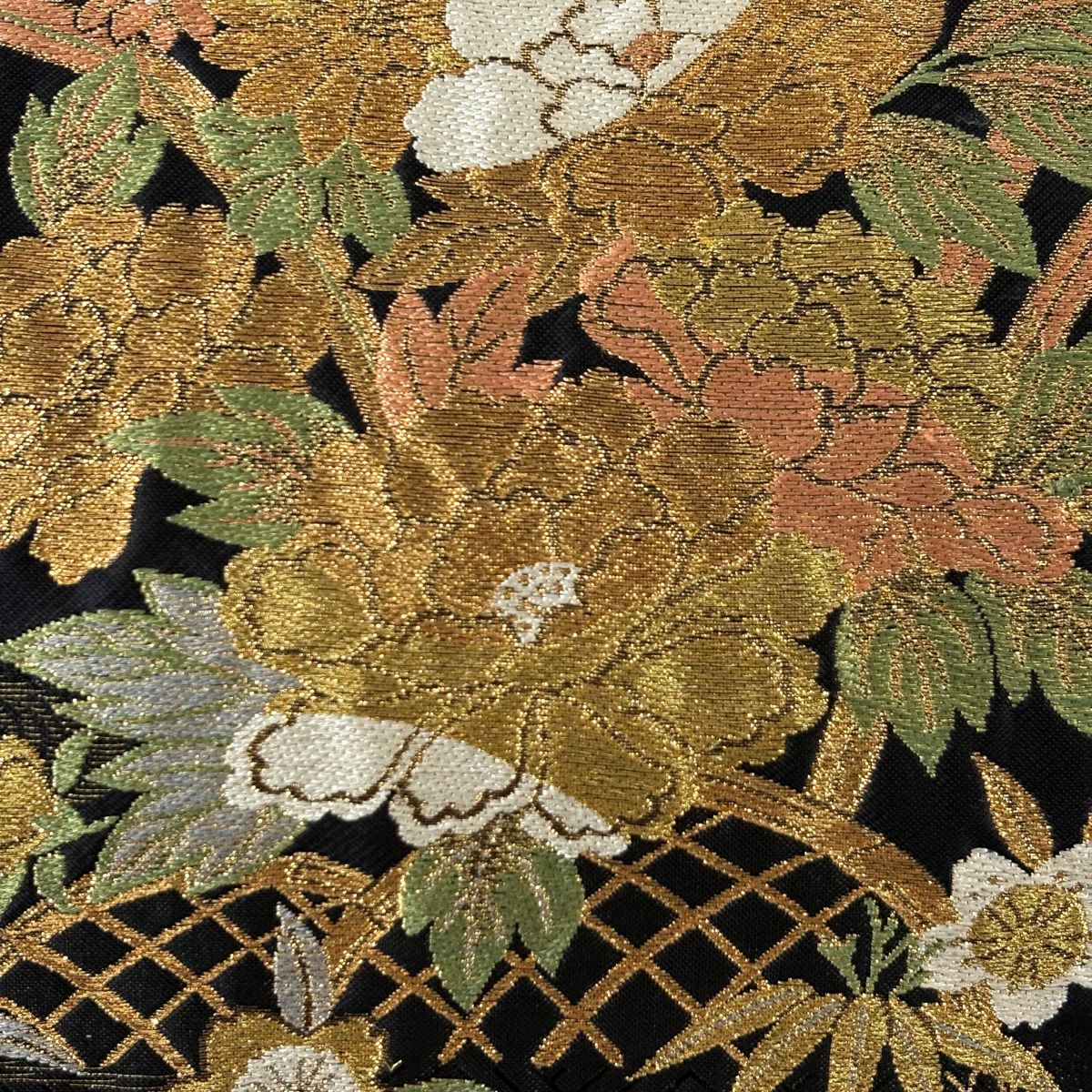 袋帶 秀品級 牡丹 流水 金金箔 金絲 黑 六通 純蠶絲