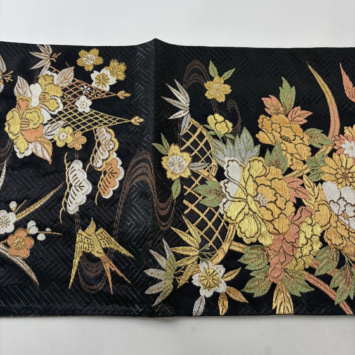 袋帶 秀品級 牡丹 流水 金金箔 金絲 黑 六通 純蠶絲