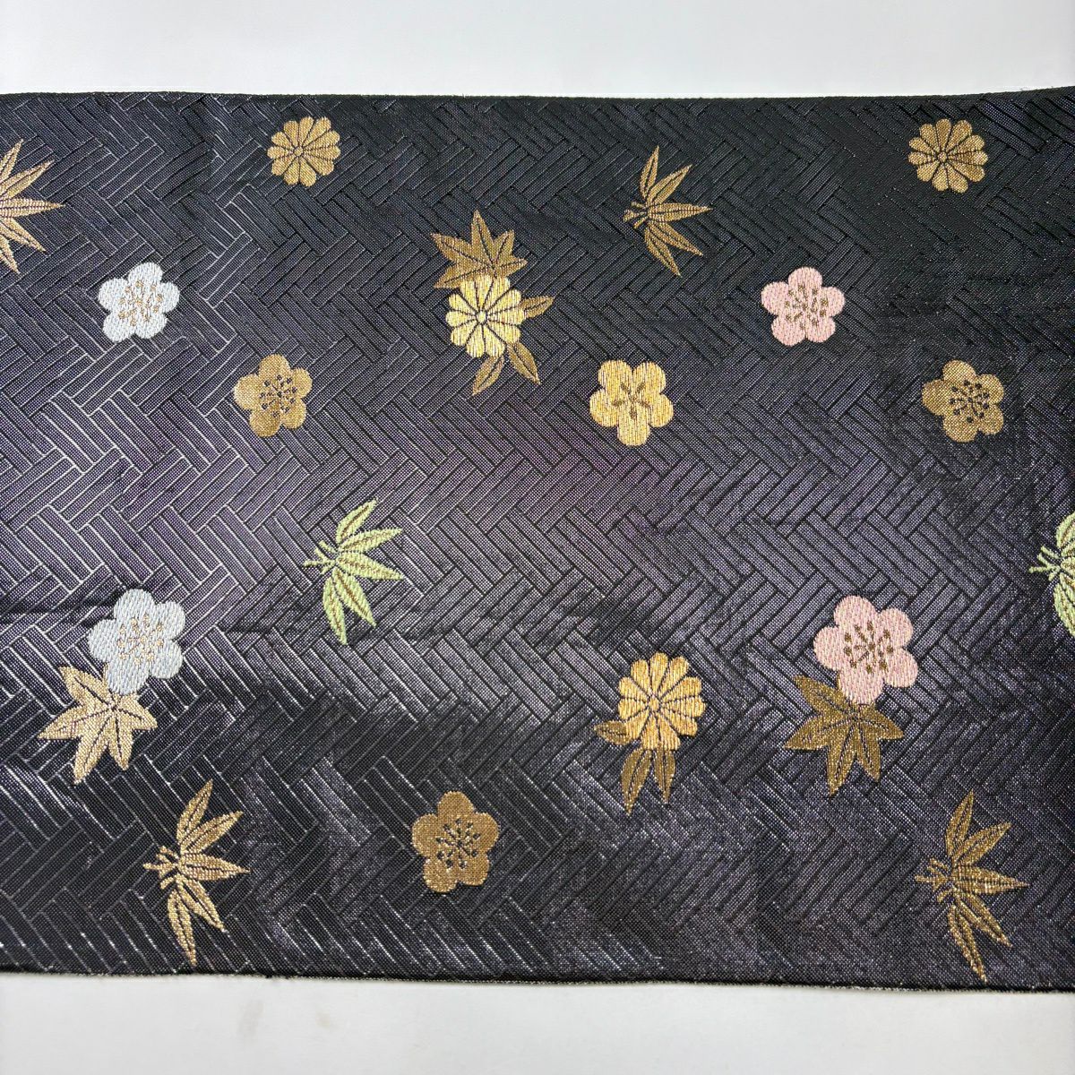 袋帶 秀品級 牡丹 流水 金金箔 金絲 黑 六通 純蠶絲