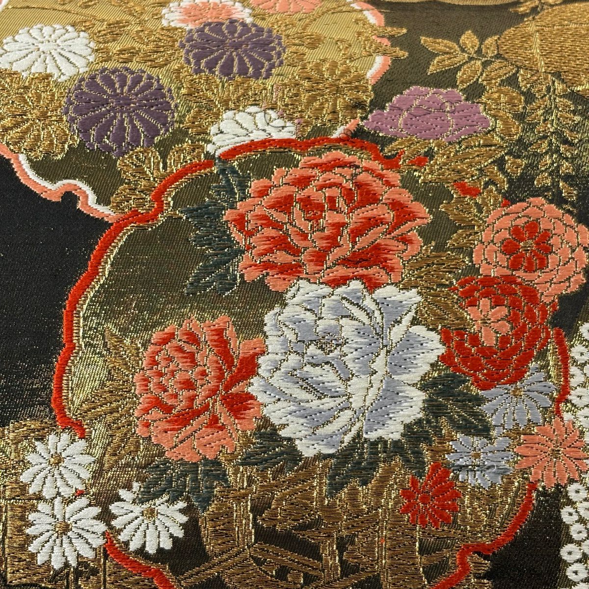 袋帶 秀品級 雪輪 草花紋 金金箔 金糸 黑 全通 純蠶絲