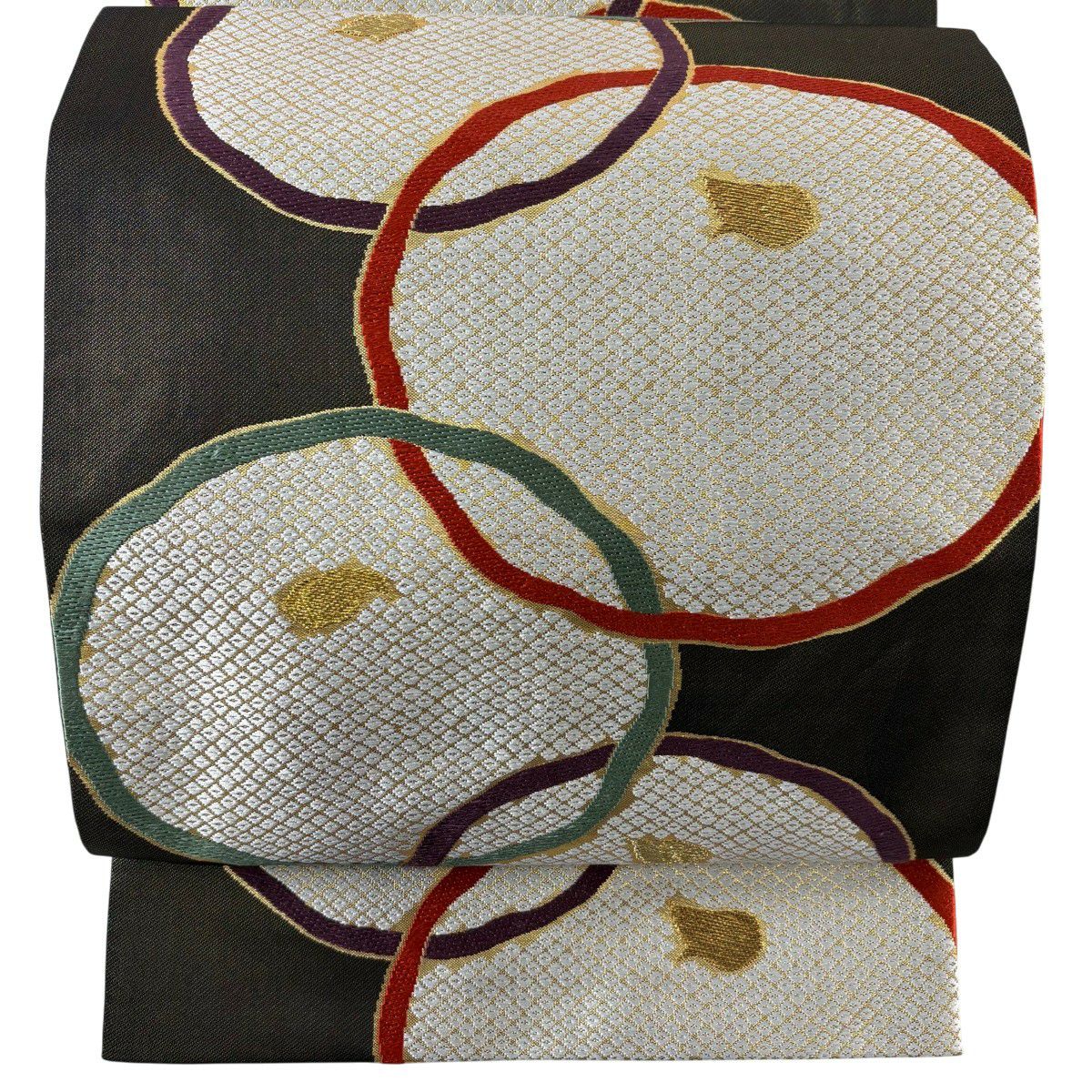 【美品】 袋帶 秀品級 萬壽菊花 疋田 金金箔 金絲 茶綠 六通 純蠶絲