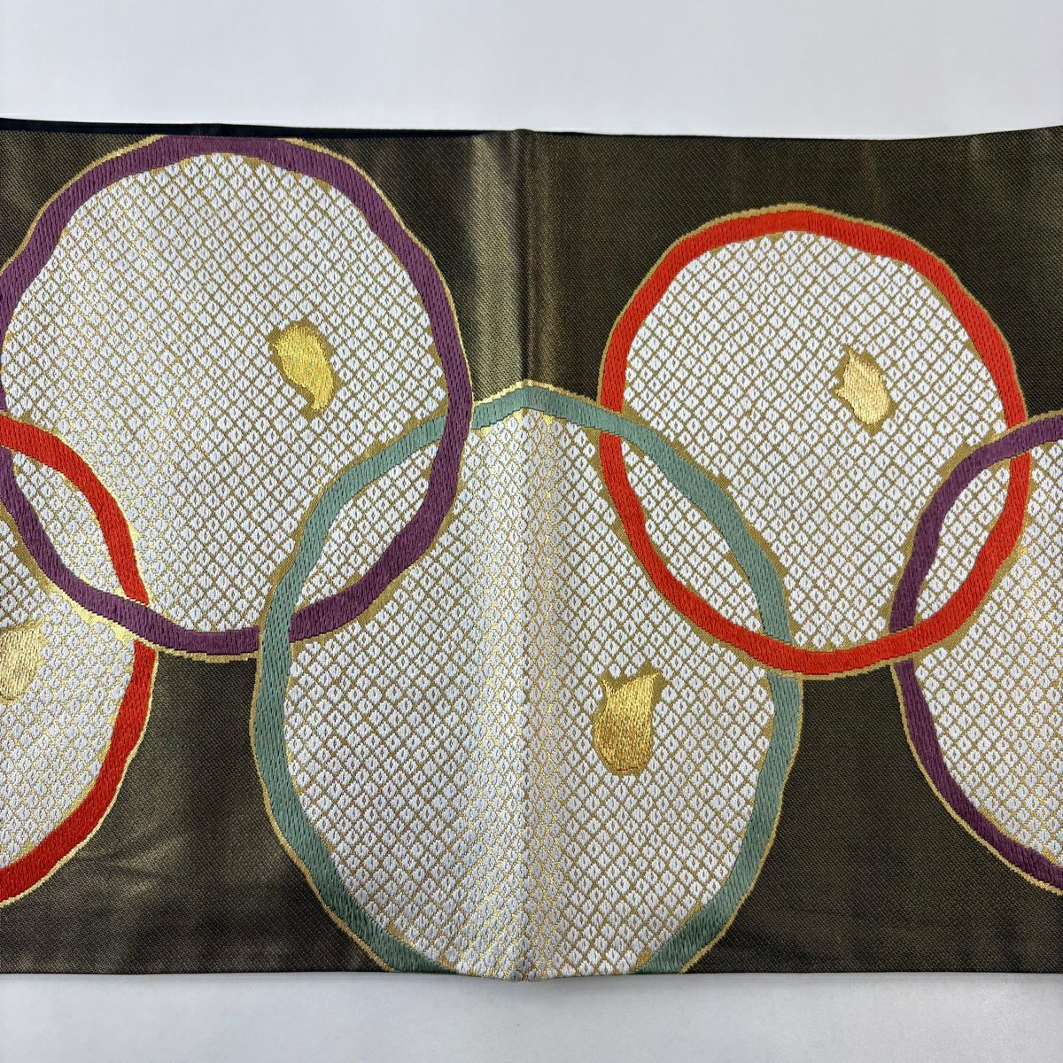 【美品】 袋帶 秀品級 萬壽菊花 疋田 金金箔 金絲 茶綠 六通 純蠶絲