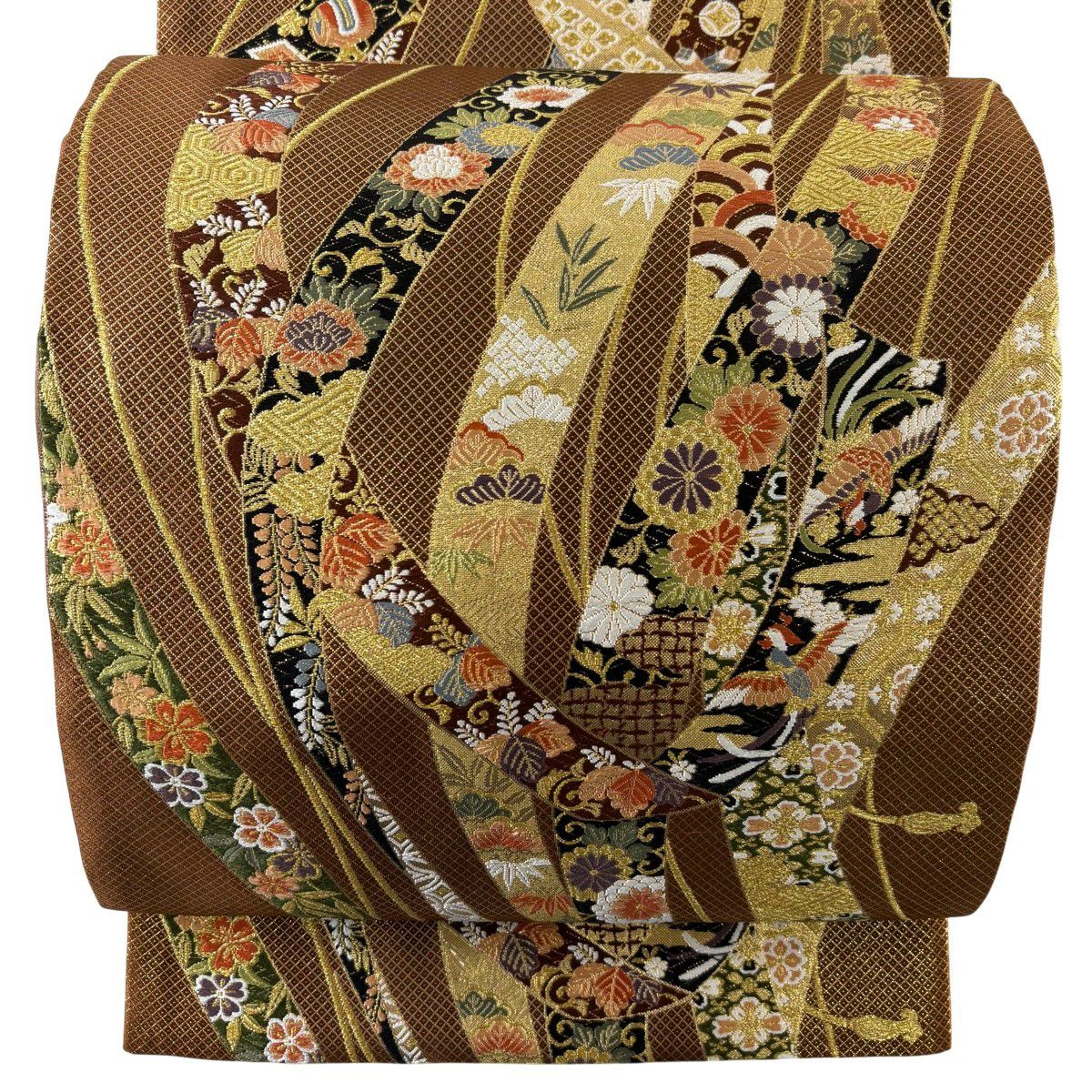 【美品】 袋帶 秀品級 熨斗紋 草花紋紋 金金箔 金絲 茶 全通 純蠶絲