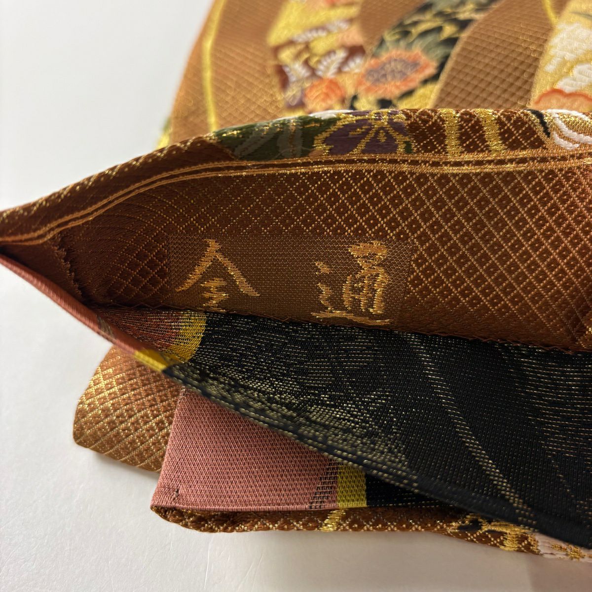 【美品】 袋帶 秀品級 熨斗紋 草花紋紋 金金箔 金絲 茶 全通 純蠶絲