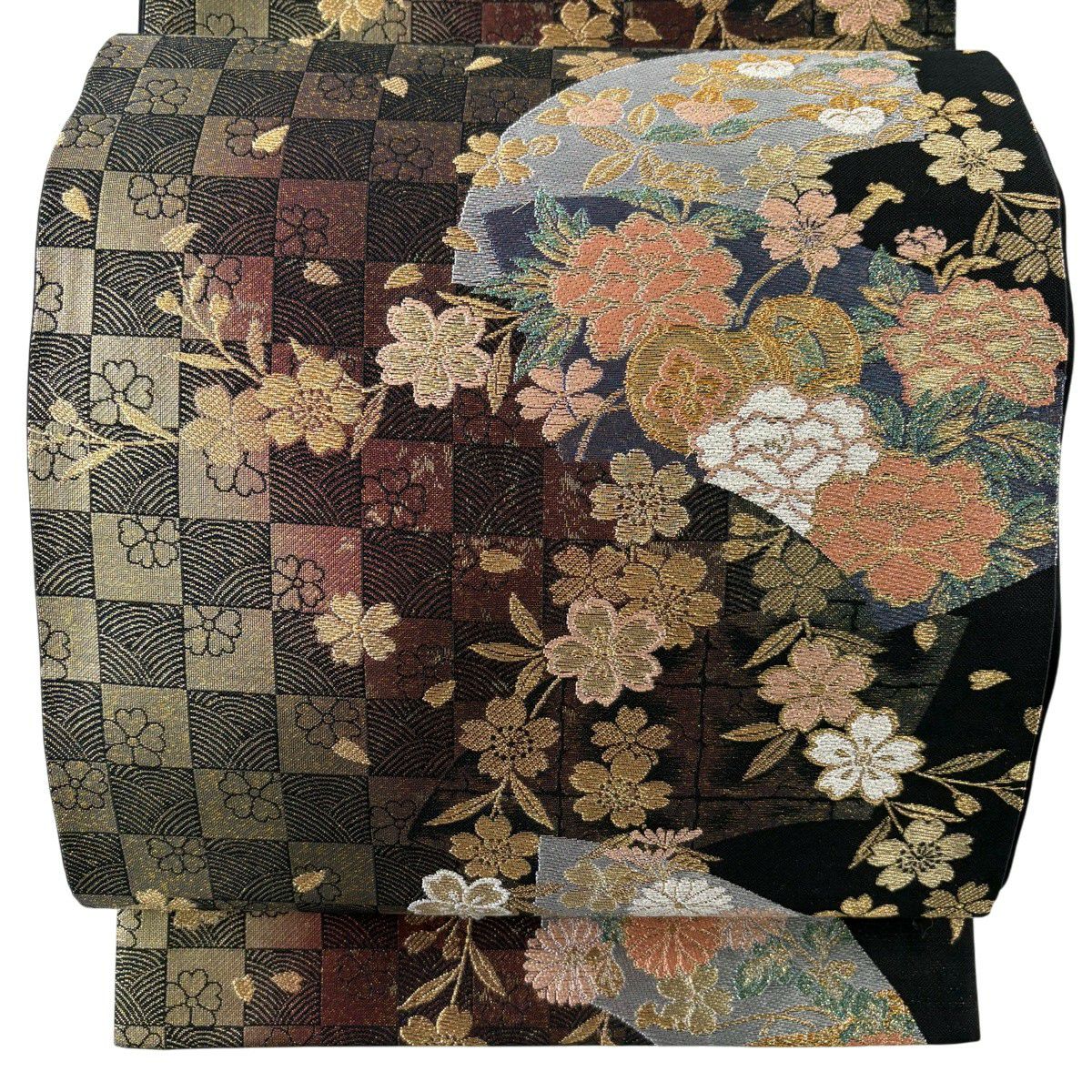 【美品】 袋帶 秀品級 扇子面 櫻花 金金箔 金銀彩 墨色 六通 純蠶絲
