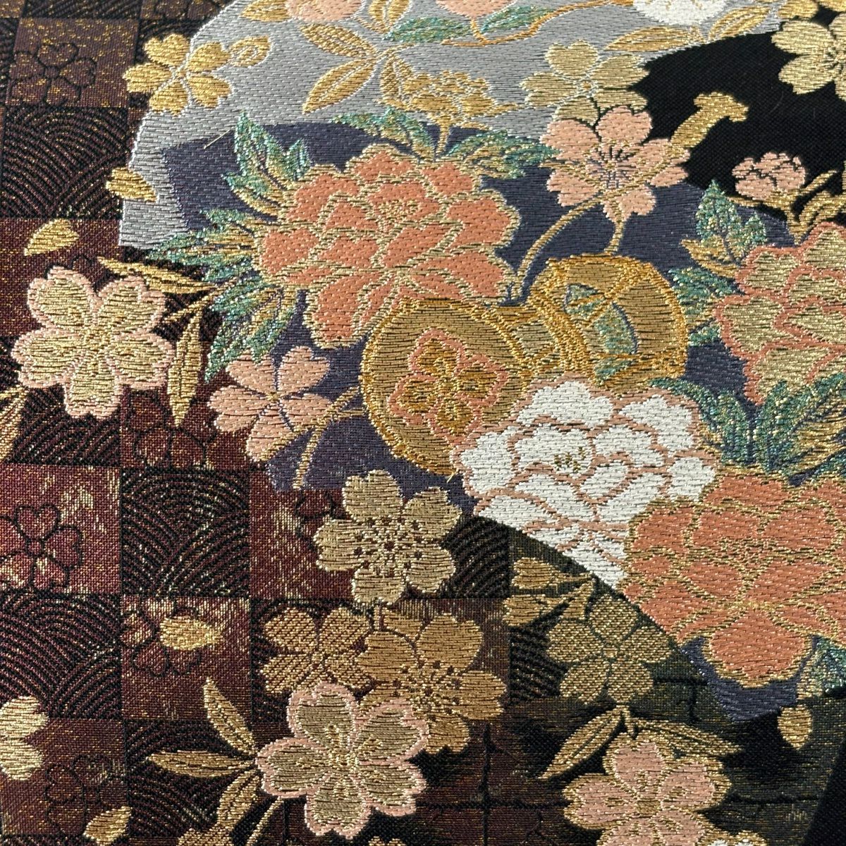 【美品】 袋帶 秀品級 扇子面 櫻花 金金箔 金銀彩 墨色 六通 純蠶絲