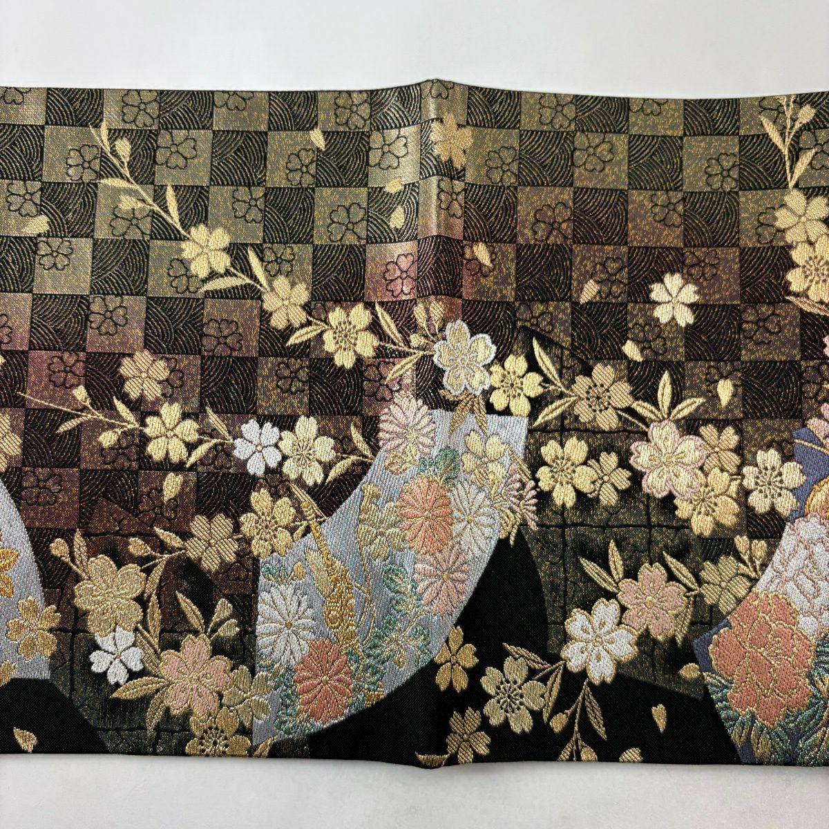 【美品】 袋帶 秀品級 扇子面 櫻花 金金箔 金銀彩 墨色 六通 純蠶絲