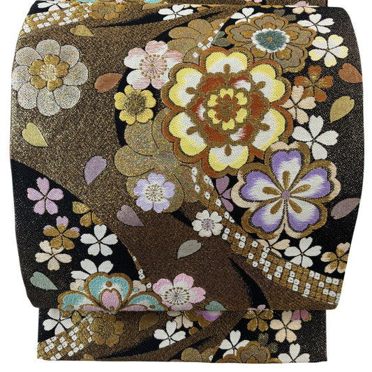袋帶 秀品級 振袖禮服禮服用 櫻花花瓣 金金箔 金絲 金色 六通 純蠶絲