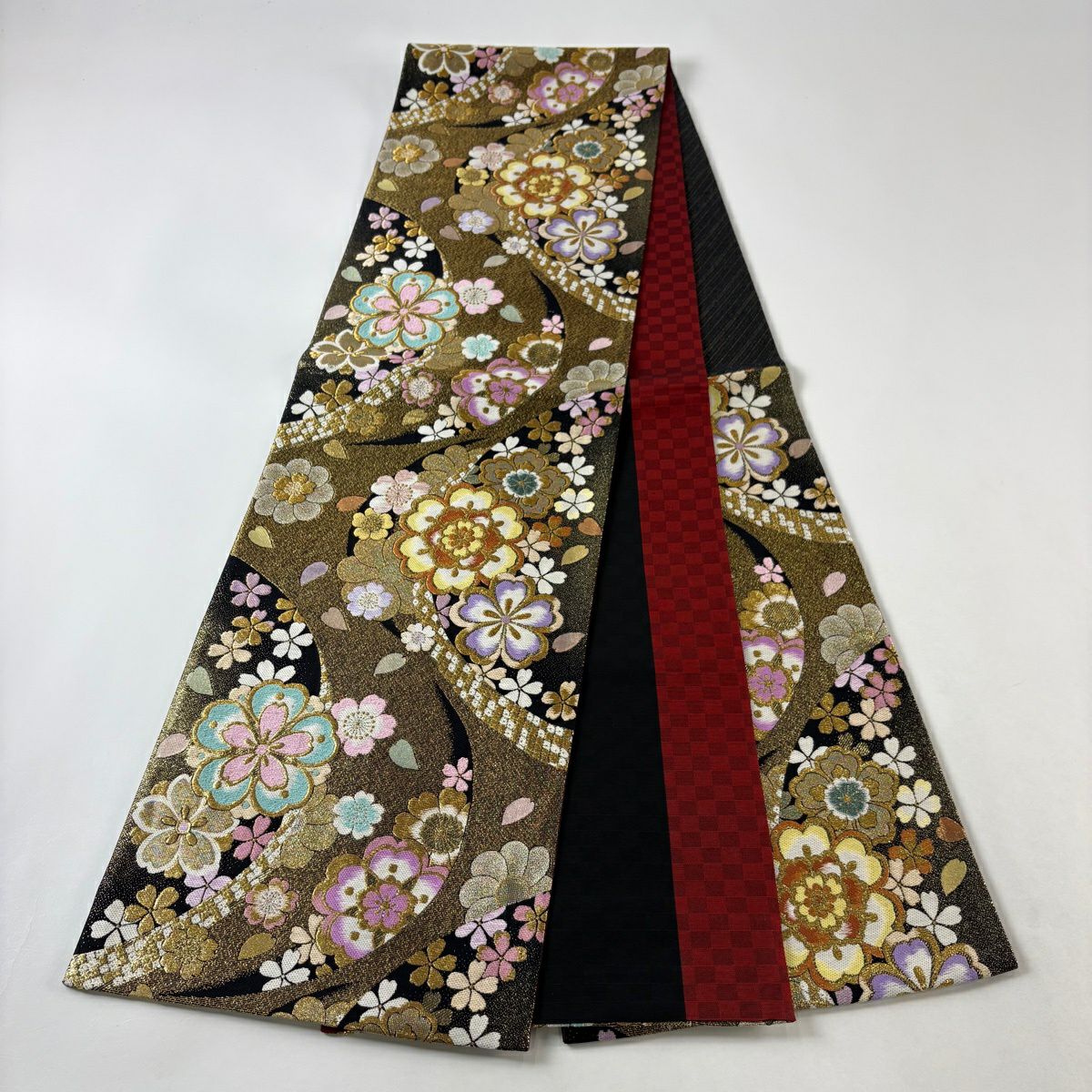 袋帶 秀品級 振袖禮服禮服用 櫻花花瓣 金金箔 金絲 金色 六通 純蠶絲
