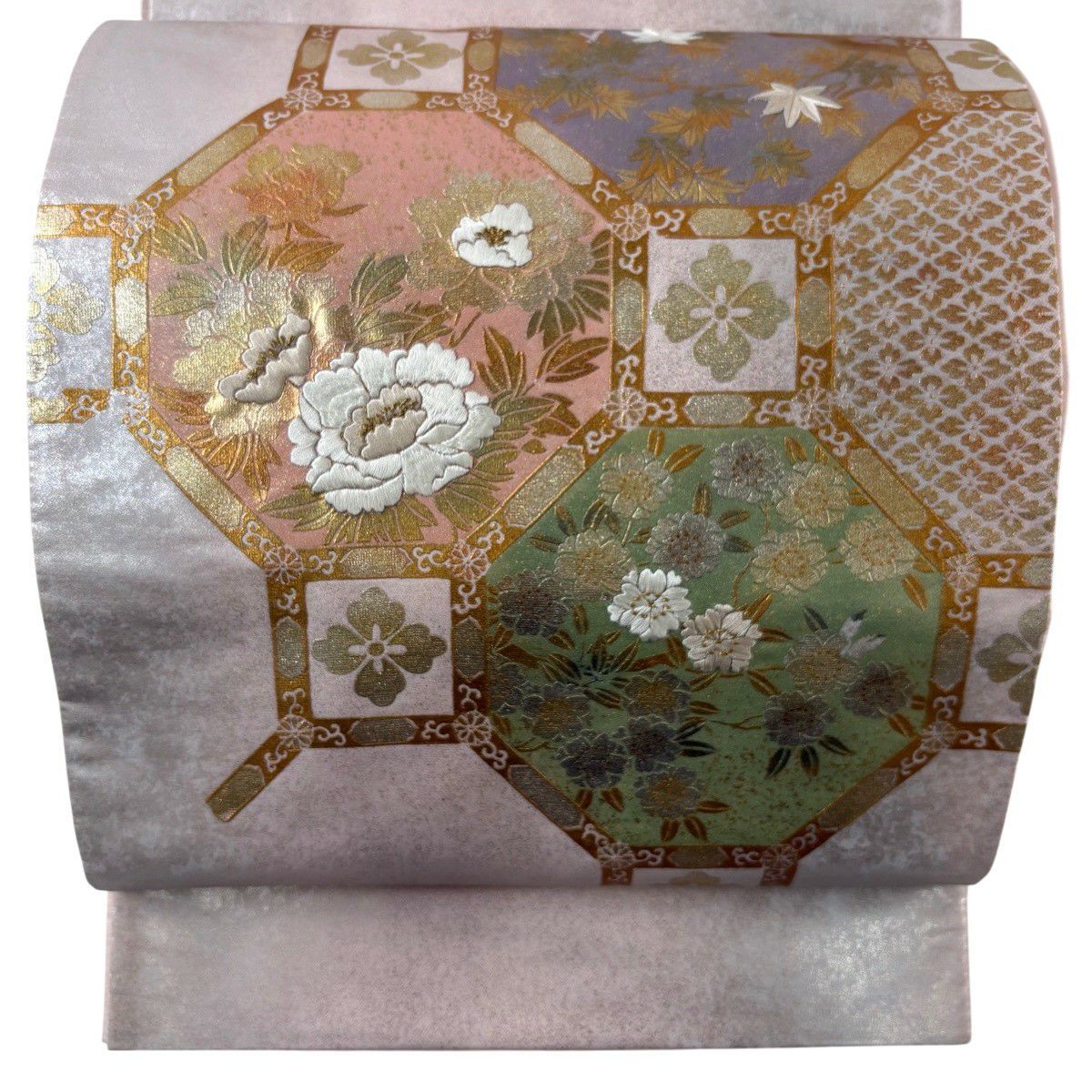 【美品】 袋帶 秀品級 蜀江文 牡丹 金金箔 刺繡 淺粉色 大鼓圖案 純蠶絲