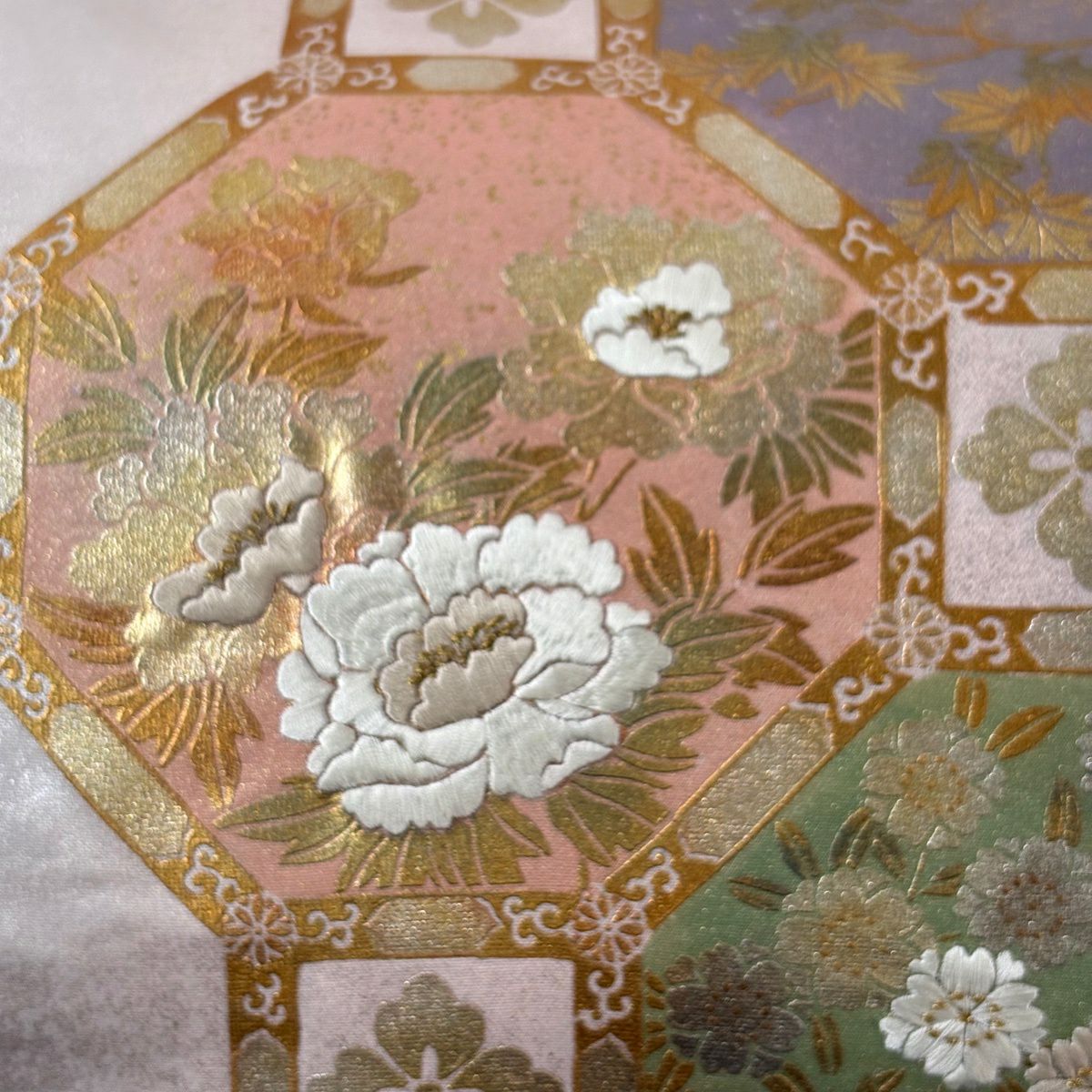 【美品】 袋帶 秀品級 蜀江文 牡丹 金金箔 刺繡 淺粉色 大鼓圖案 純蠶絲