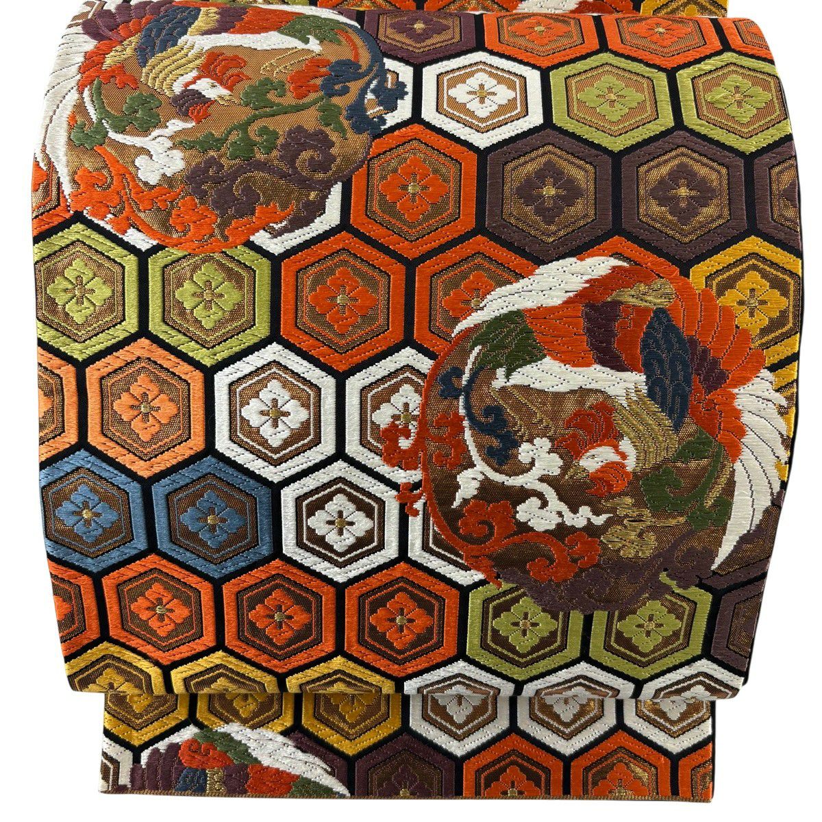 【美品】 袋帶 秀品級 龜甲 鳳凰 金金箔 唐織 橙色 六通 純蠶絲