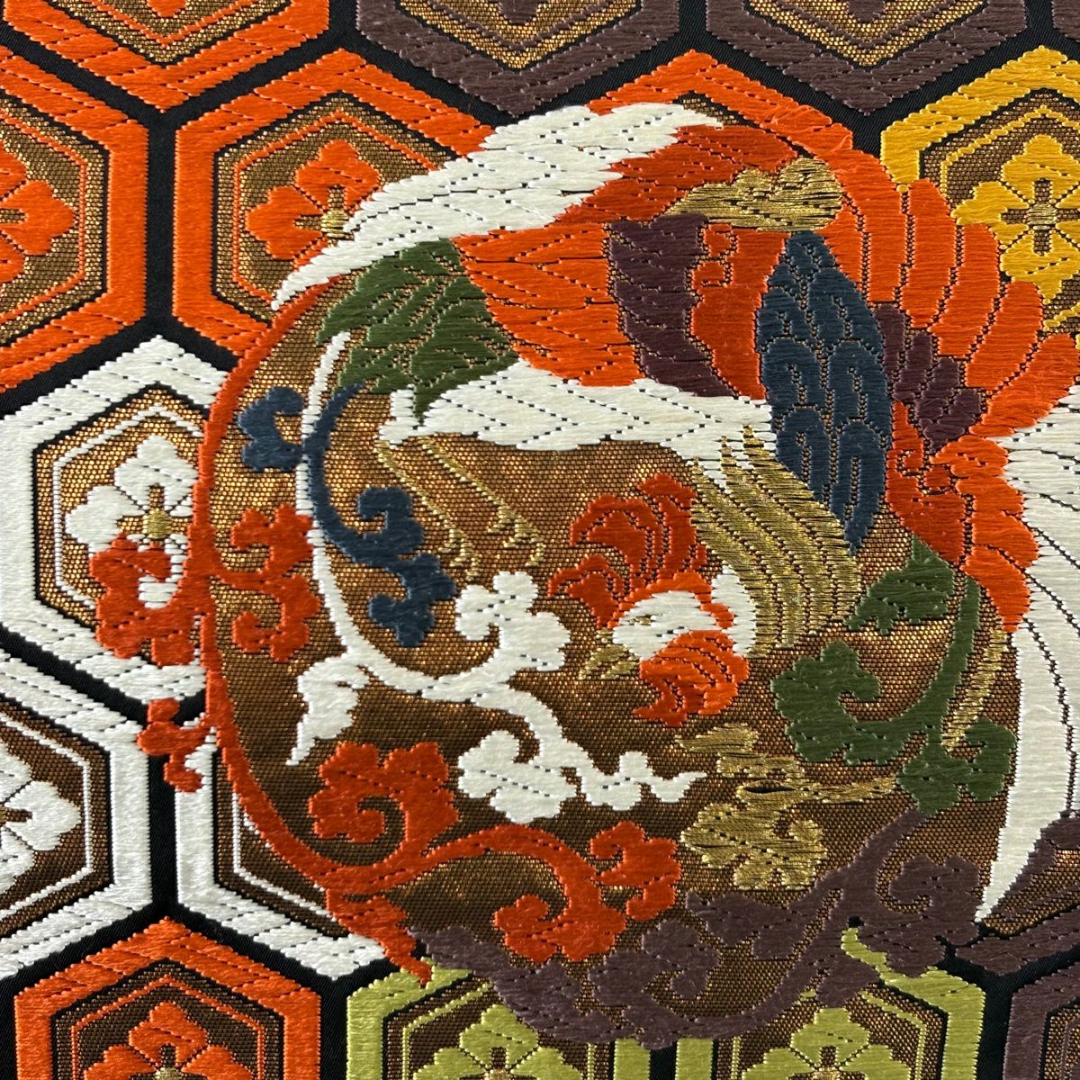 【美品】 袋帶 秀品級 龜甲 鳳凰 金金箔 唐織 橙色 六通 純蠶絲
