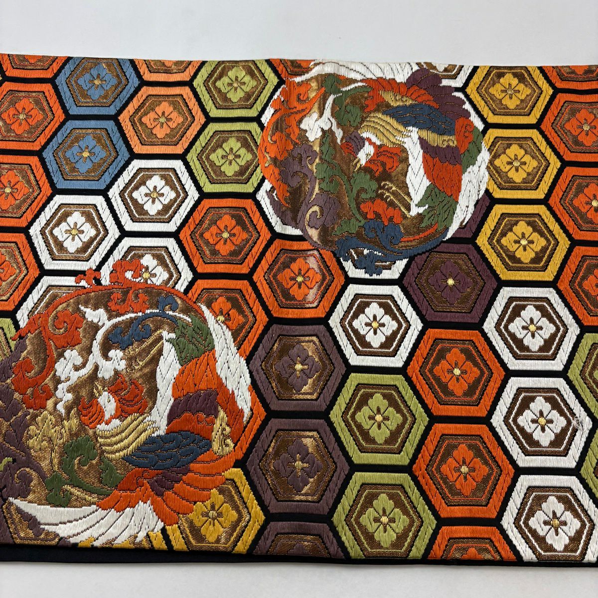 【美品】 袋帶 秀品級 龜甲 鳳凰 金金箔 唐織 橙色 六通 純蠶絲
