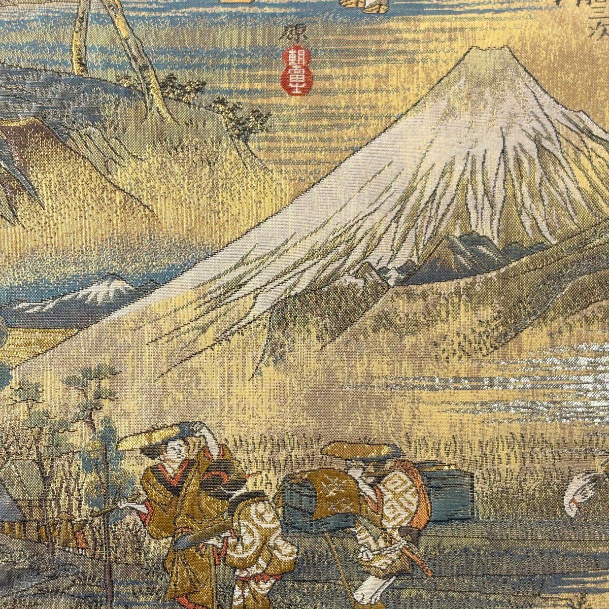 袋帶 秀品級 東海道五拾三次 金金箔 金色 大鼓圖案 純蠶絲