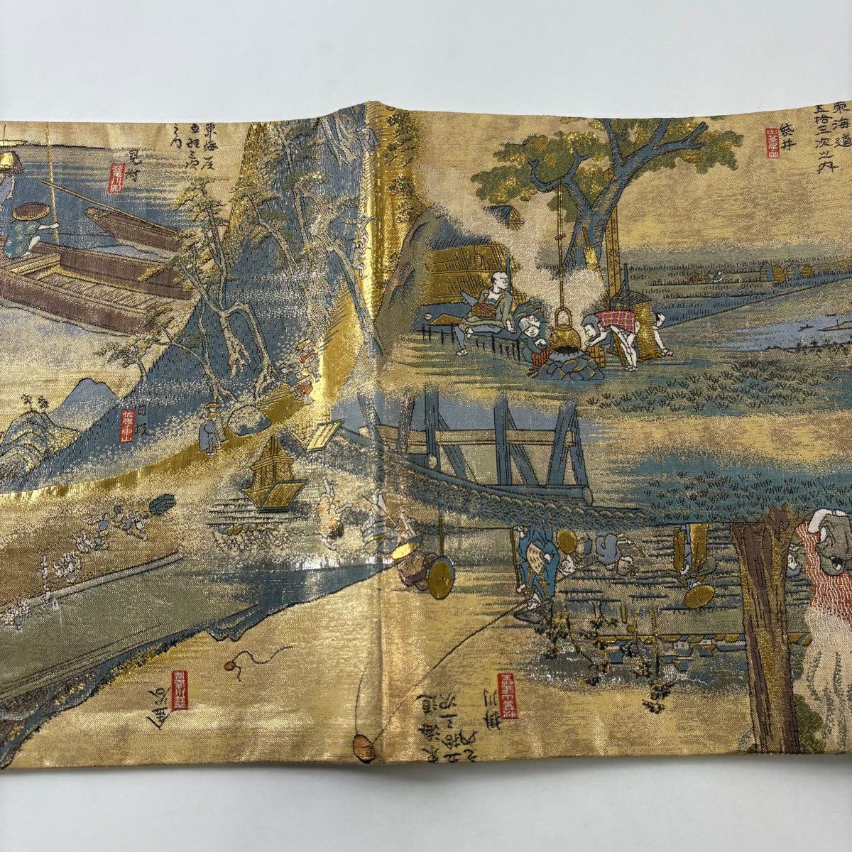 袋帶 秀品級 東海道五拾三次 金金箔 金色 大鼓圖案 純蠶絲