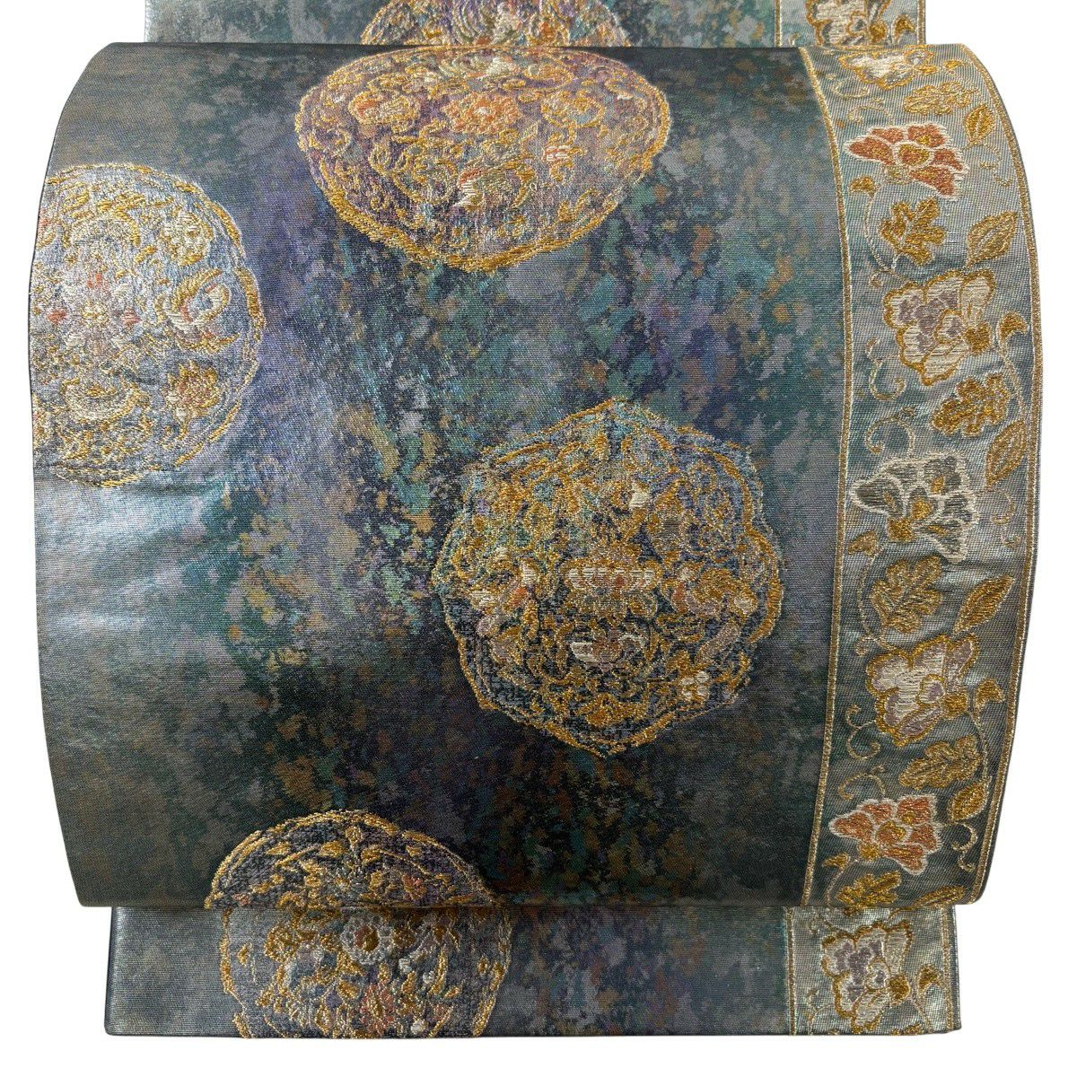 【美品】 袋帶 秀品級 花唐草紋 鳥 金金箔 金絲 青灰 六通 純蠶絲