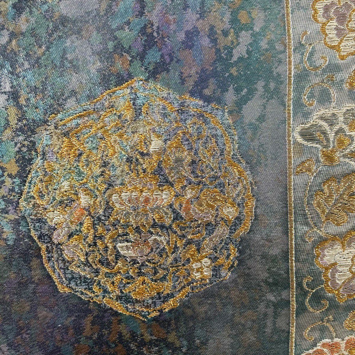 【美品】 袋帶 秀品級 花唐草紋 鳥 金金箔 金絲 青灰 六通 純蠶絲