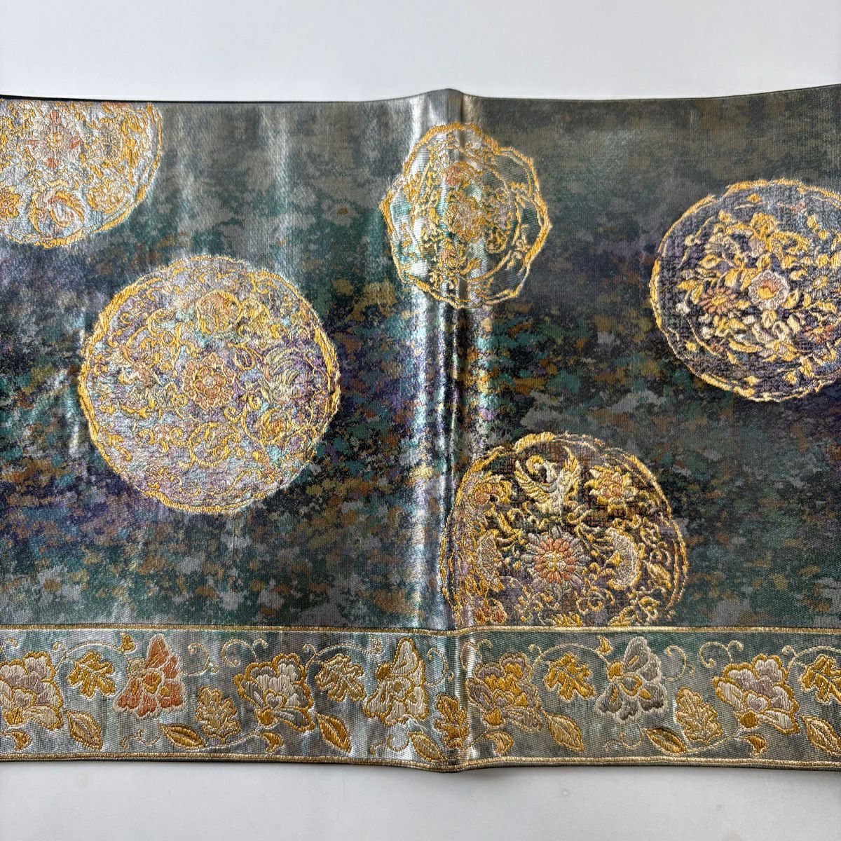 【美品】 袋帶 秀品級 花唐草紋 鳥 金金箔 金絲 青灰 六通 純蠶絲