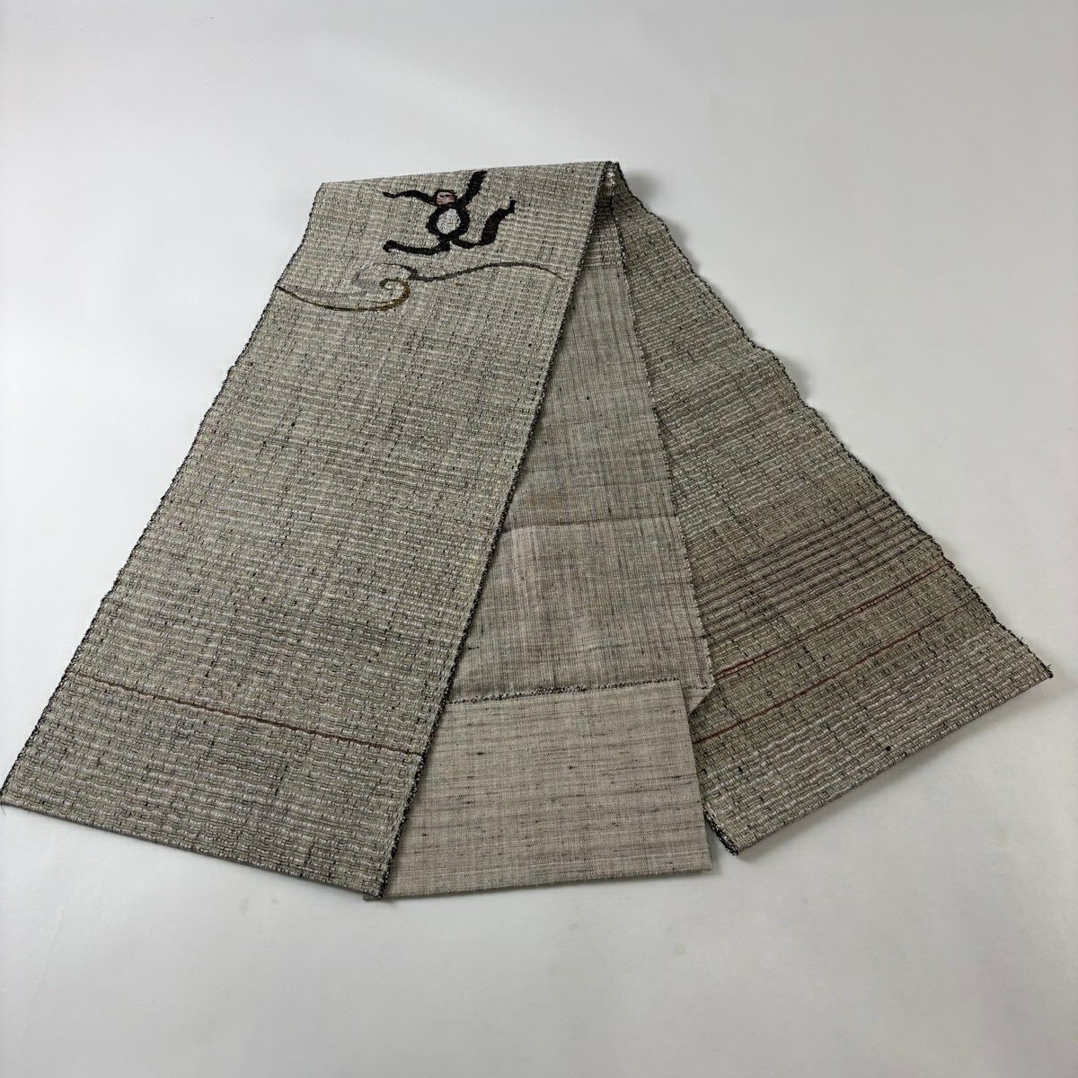 名古屋帶 秀品級 八寸名古屋帶 松樹葉仕立 動物 風 金糸 灰茶 純蠶絲