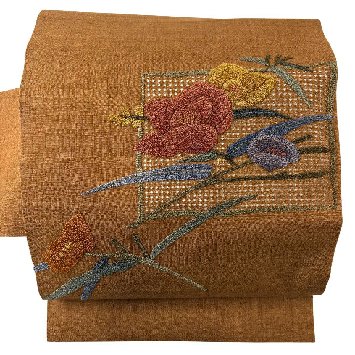【美品】名古屋帶 優品級 紬織織 枝花 相良刺繡 茶 純蠶絲