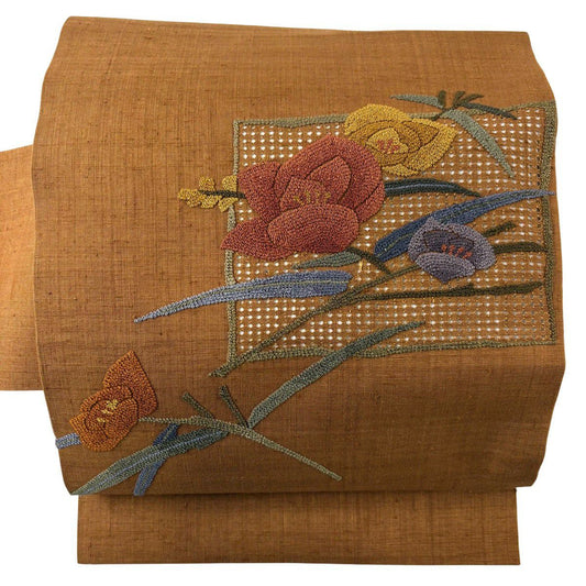 【美品】名古屋帶 優品級 紬織織 枝花 相良刺繡 茶 純蠶絲