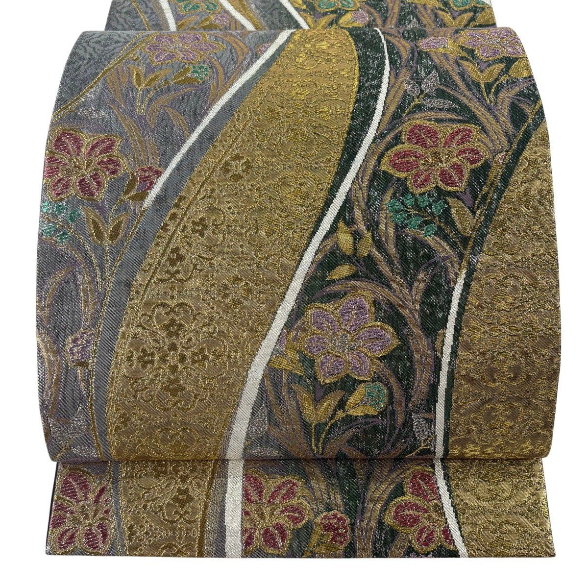【美品】 袋帶 秀品級 草花紋紋 金金箔 金絲 綠 六通 純蠶絲