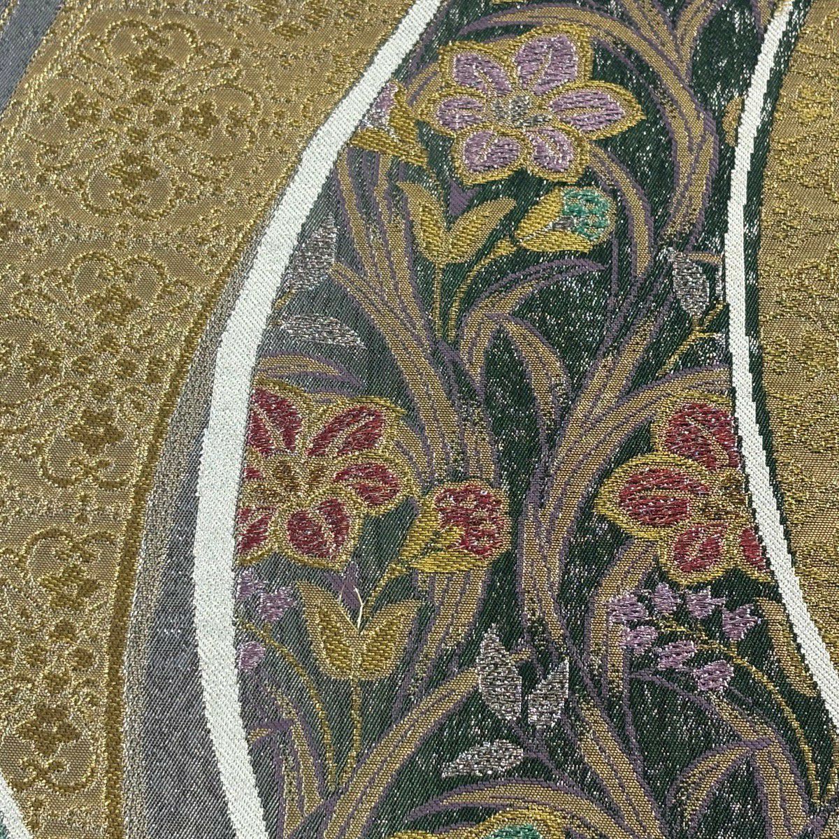【美品】 袋帶 秀品級 草花紋紋 金金箔 金絲 綠 六通 純蠶絲
