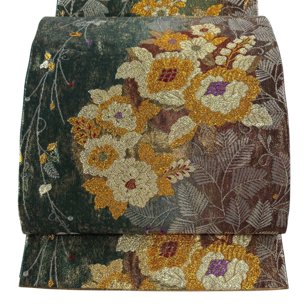 袋帶 秀品級 花丸紋 若松樹 金金箔 銀絲 綠 六通 純蠶絲