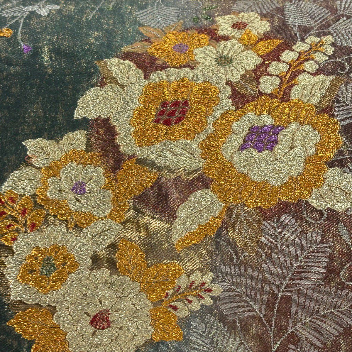 袋帶 秀品級 花丸紋 若松樹 金金箔 銀絲 綠 六通 純蠶絲