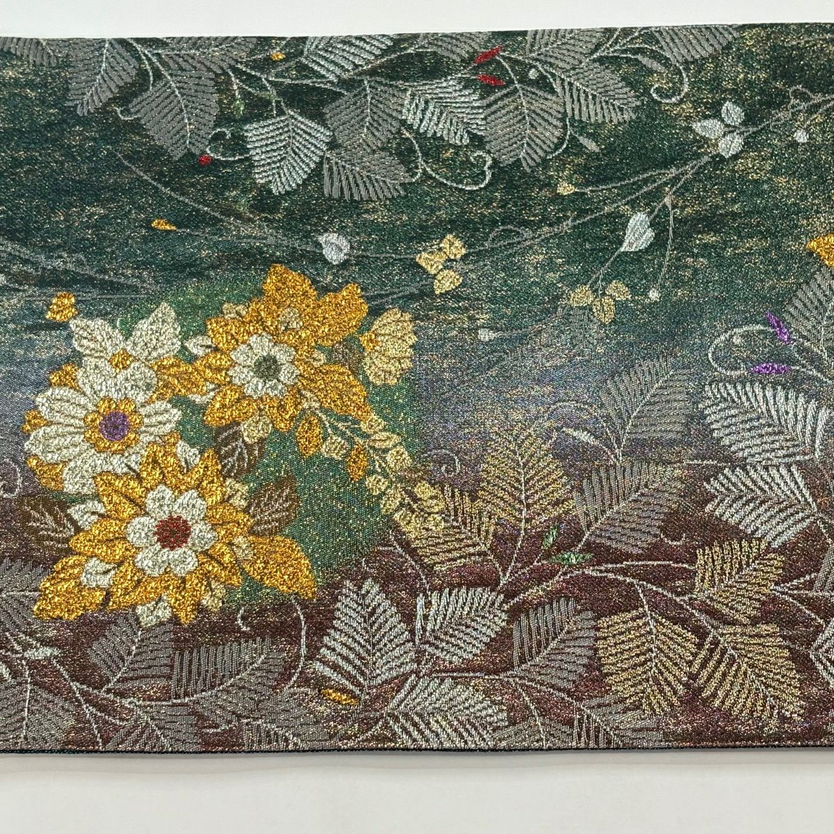 袋帶 秀品級 花丸紋 若松樹 金金箔 銀絲 綠 六通 純蠶絲