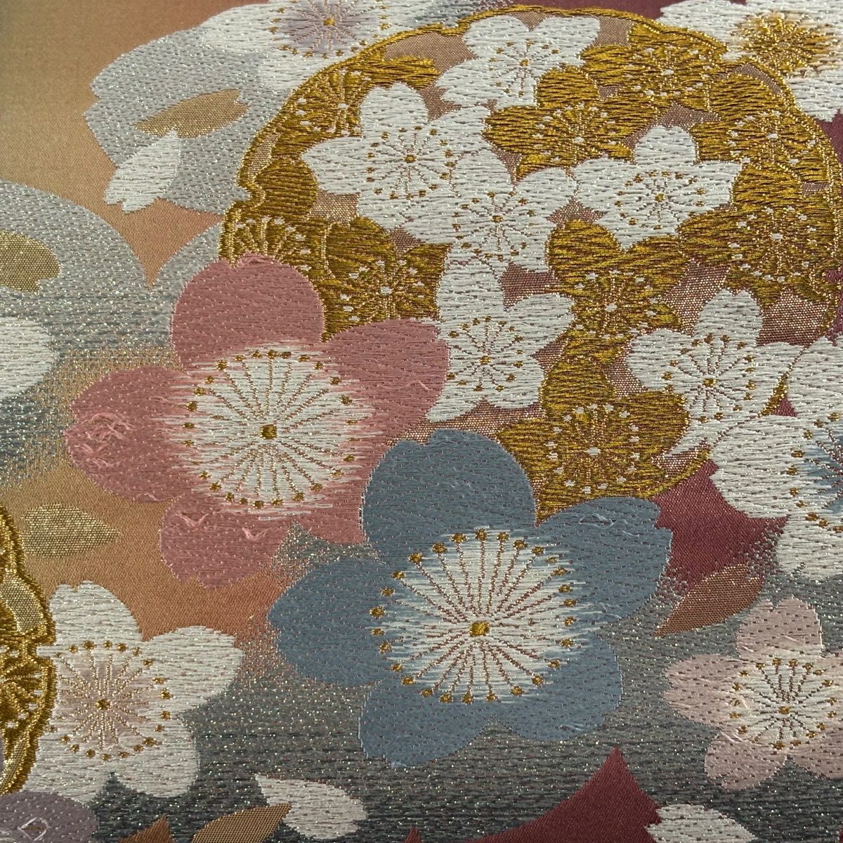 袋帶 秀品級 櫻花 雪輪 刺繡 金線 深粉紅 六通 純蠶絲