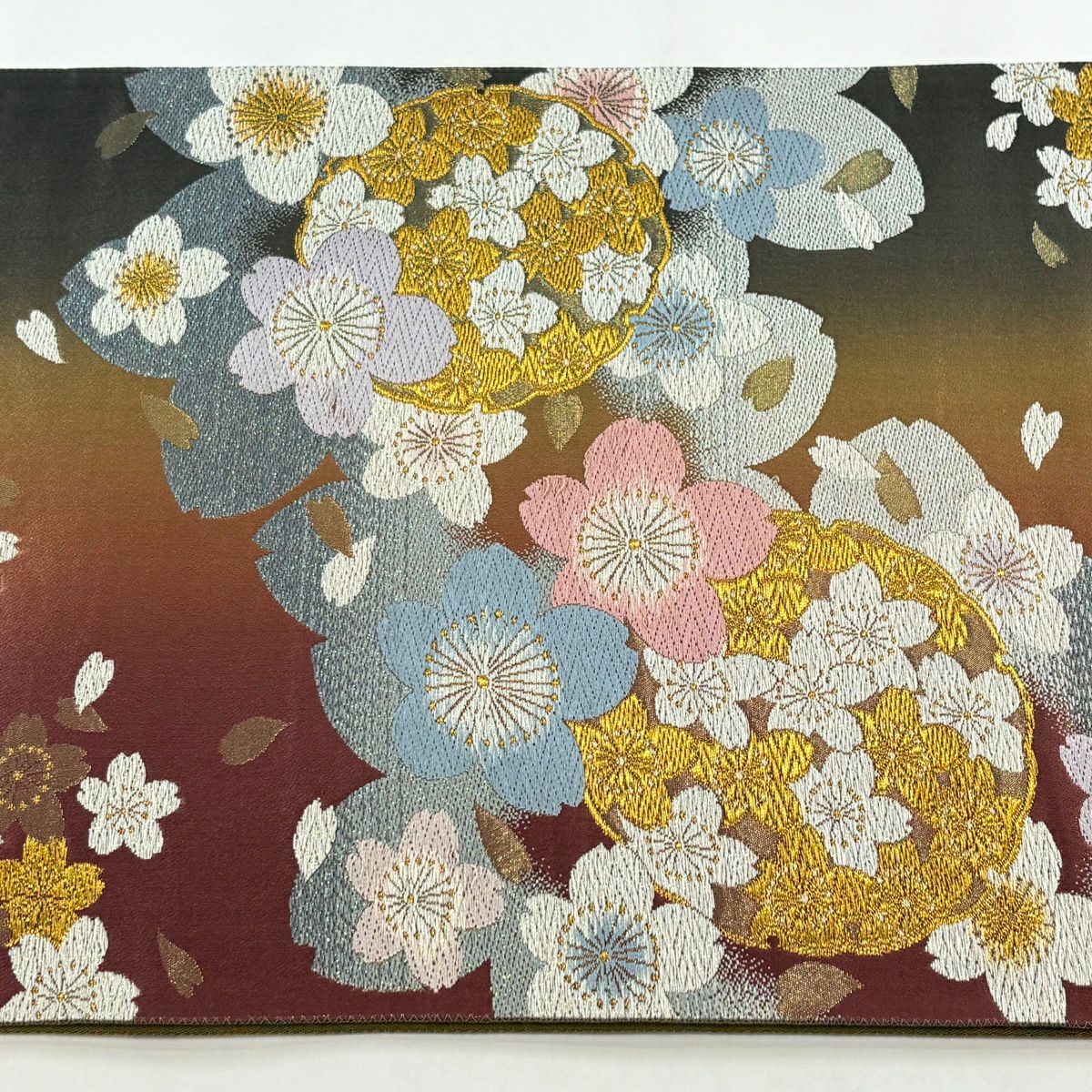 袋帶 秀品級 櫻花 雪輪 刺繡 金線 深粉紅 六通 純蠶絲