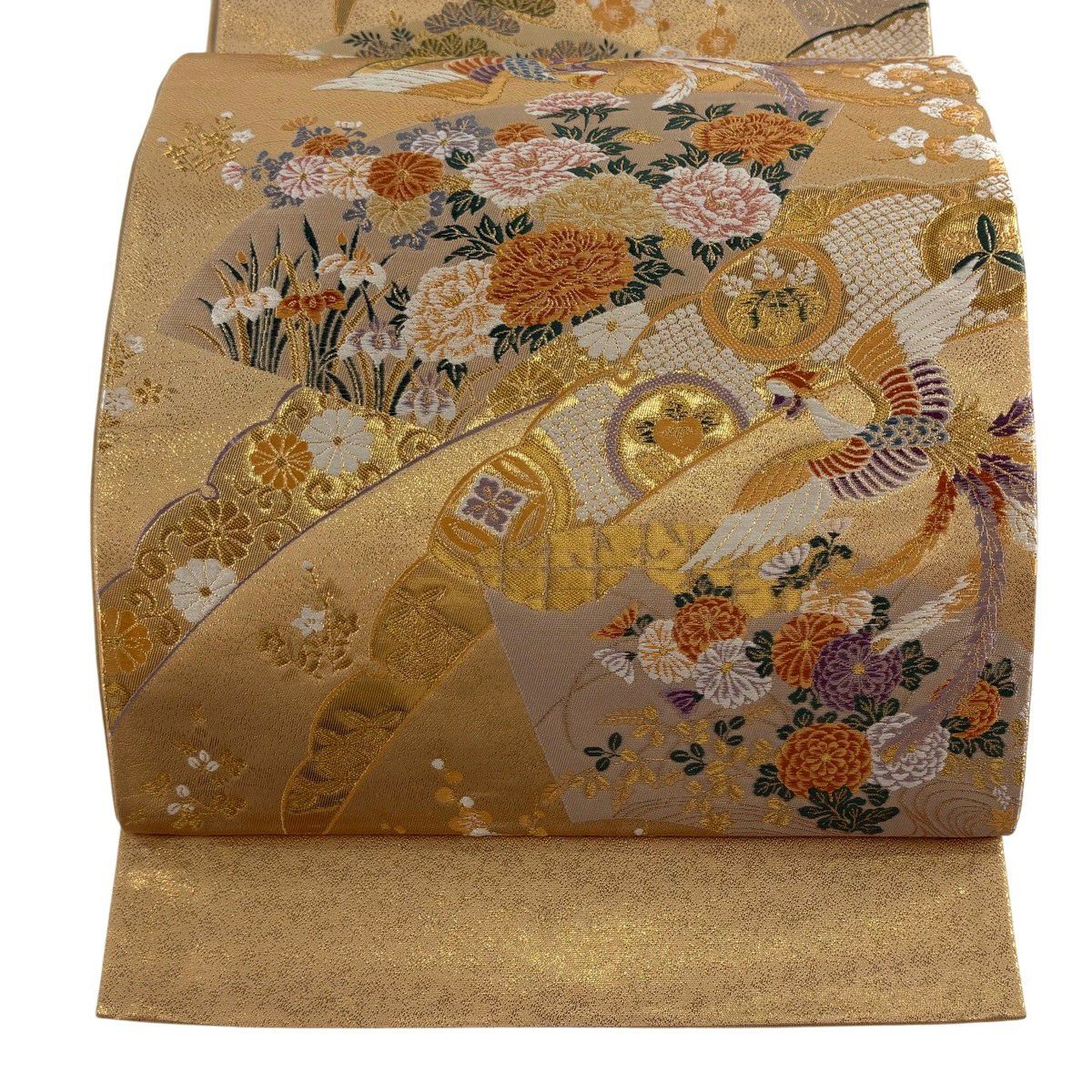 【美品】 袋帶 秀品級 證書齊全 鳳凰 草花紋 本金武重金金箔 刺繡 金 六通 純蠶絲