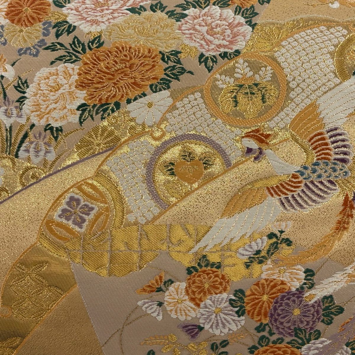 【美品】 袋帶 秀品級 證書齊全 鳳凰 草花紋 本金武重金金箔 刺繡 金 六通 純蠶絲