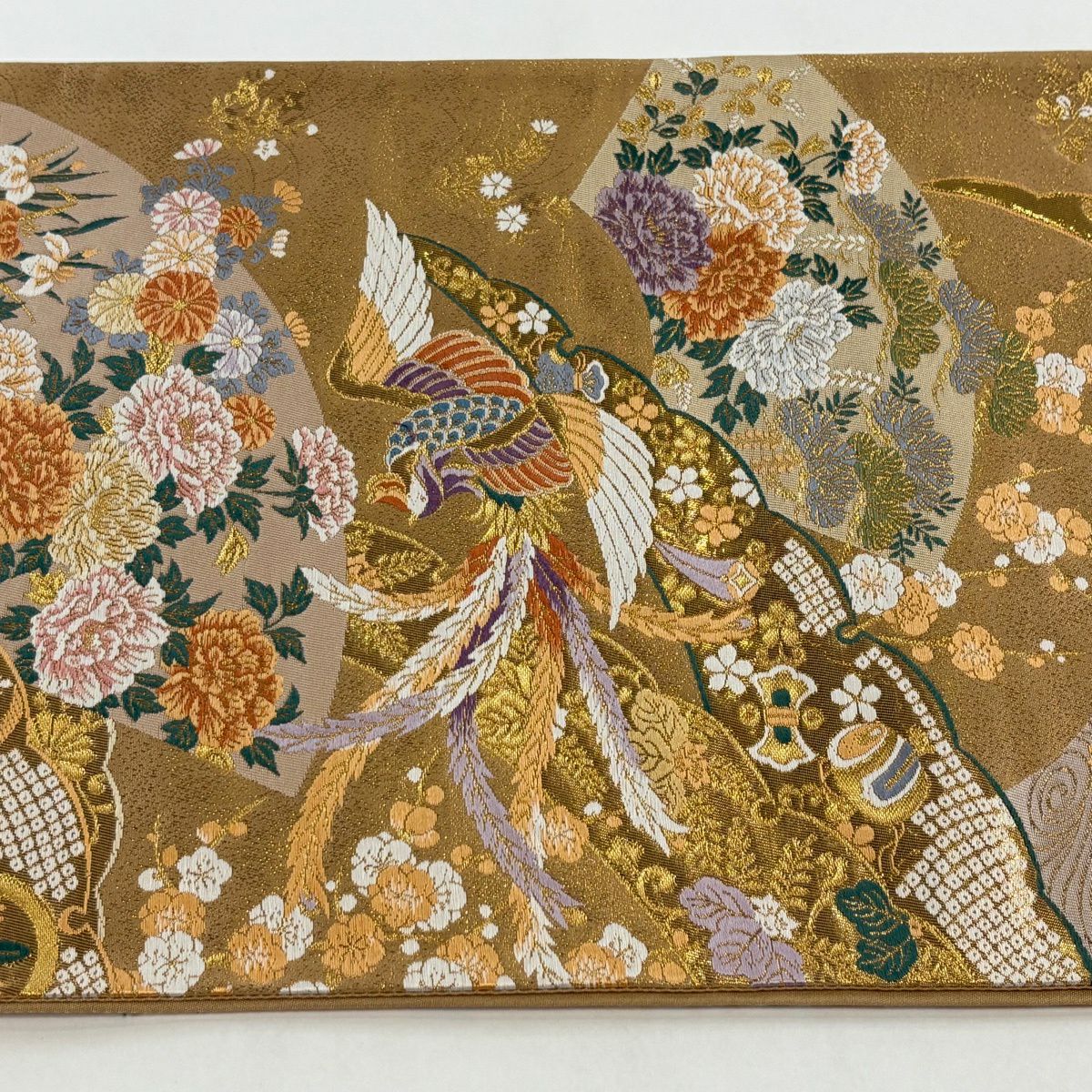 【美品】 袋帶 秀品級 證書齊全 鳳凰 草花紋 本金武重金金箔 刺繡 金 六通 純蠶絲