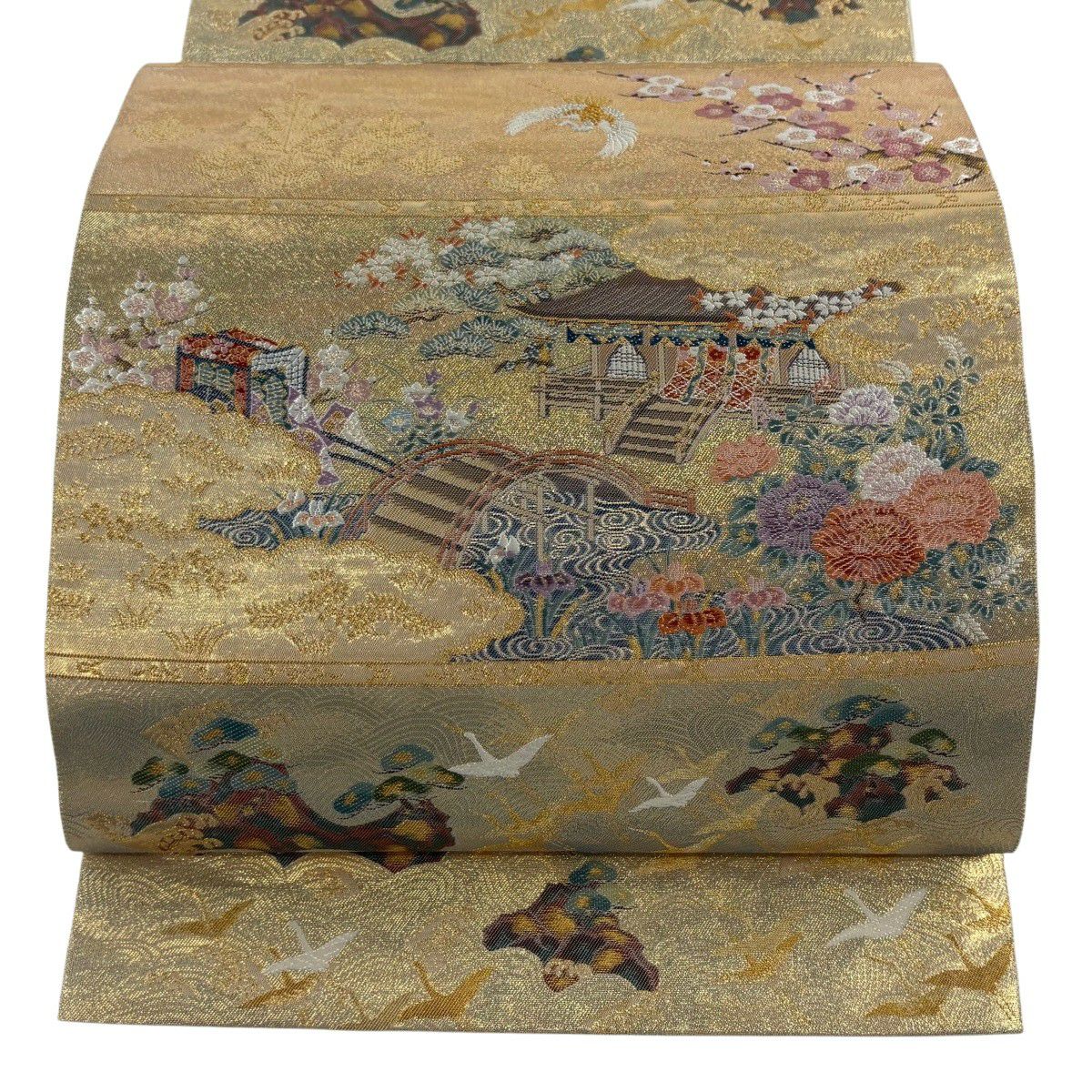 【美品】 袋帶 秀品級 古都吉祥紋 建物 花鳥 刺繡 金銀彩 金色 六通 純蠶絲