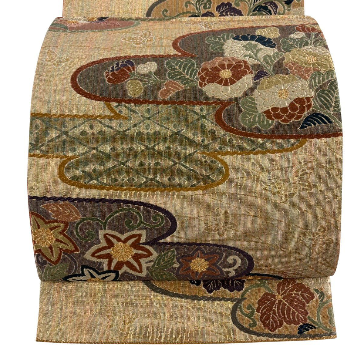 【美品】 袋帶 秀品級 關西仕立 雛菊花 霞刺繡 金絲 金 六通 純蠶絲