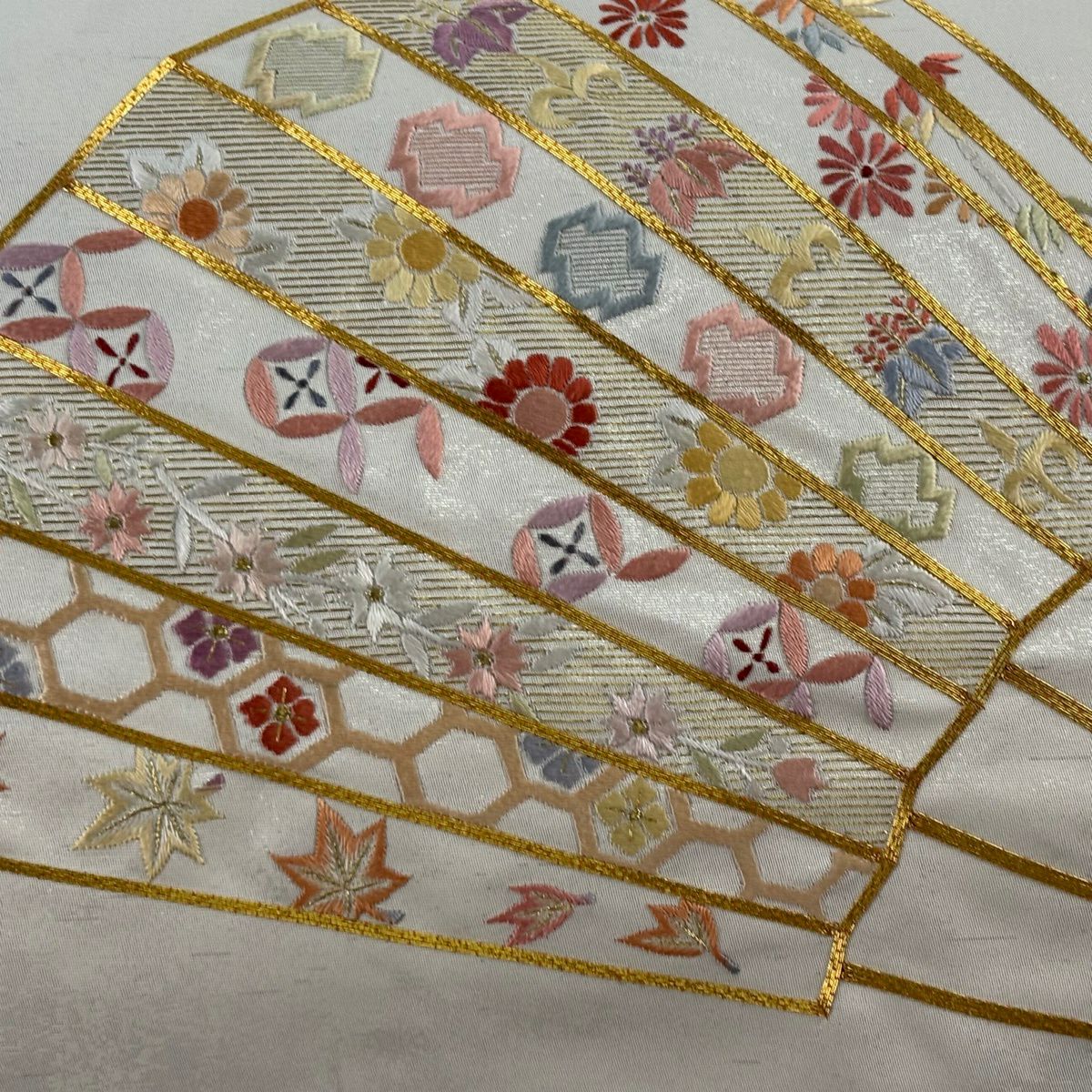 袋帶 秀品級 扇子 草花紋刺繡 金絲 灰白 大鼓圖案 純蠶絲