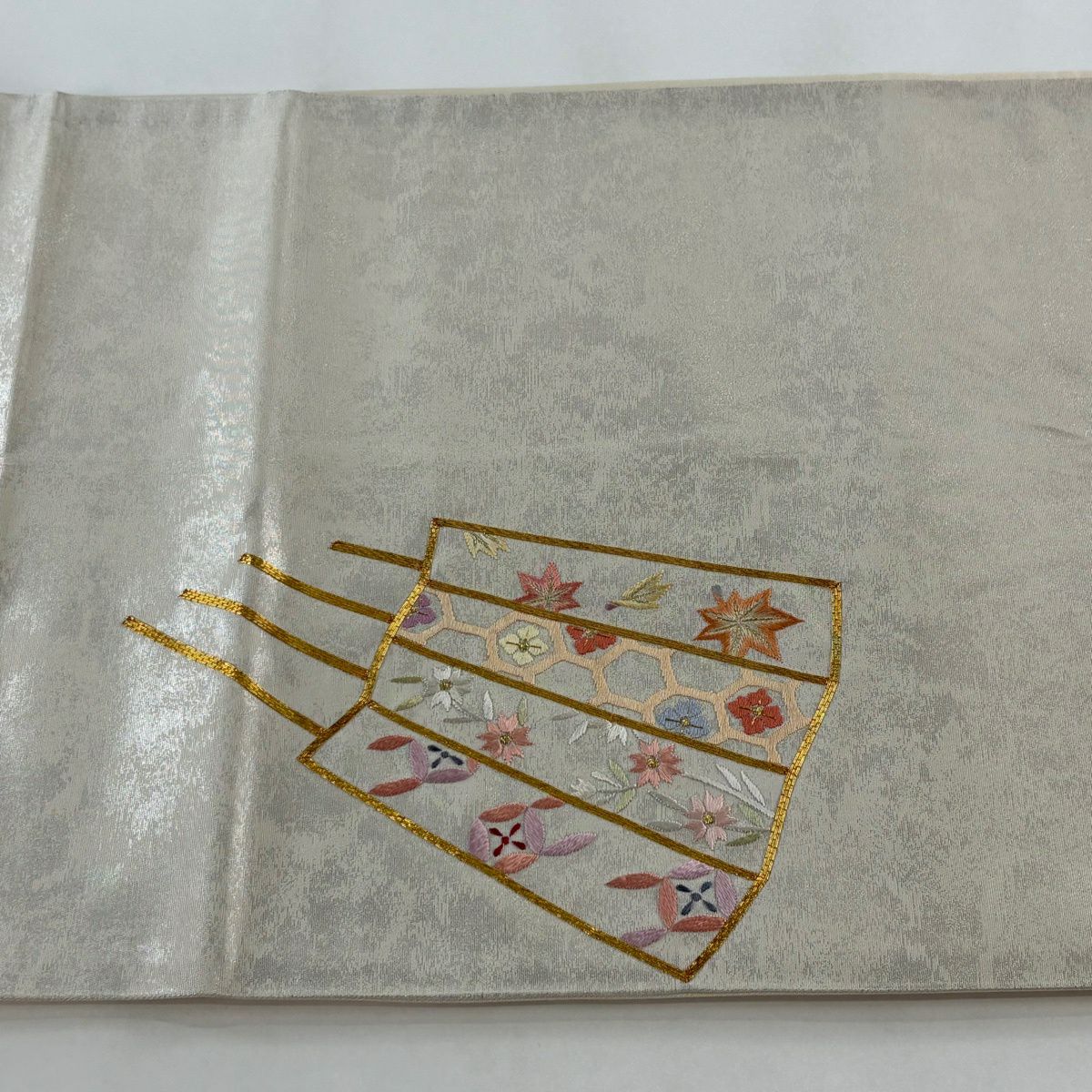 袋帶 秀品級 扇子 草花紋刺繡 金絲 灰白 大鼓圖案 純蠶絲